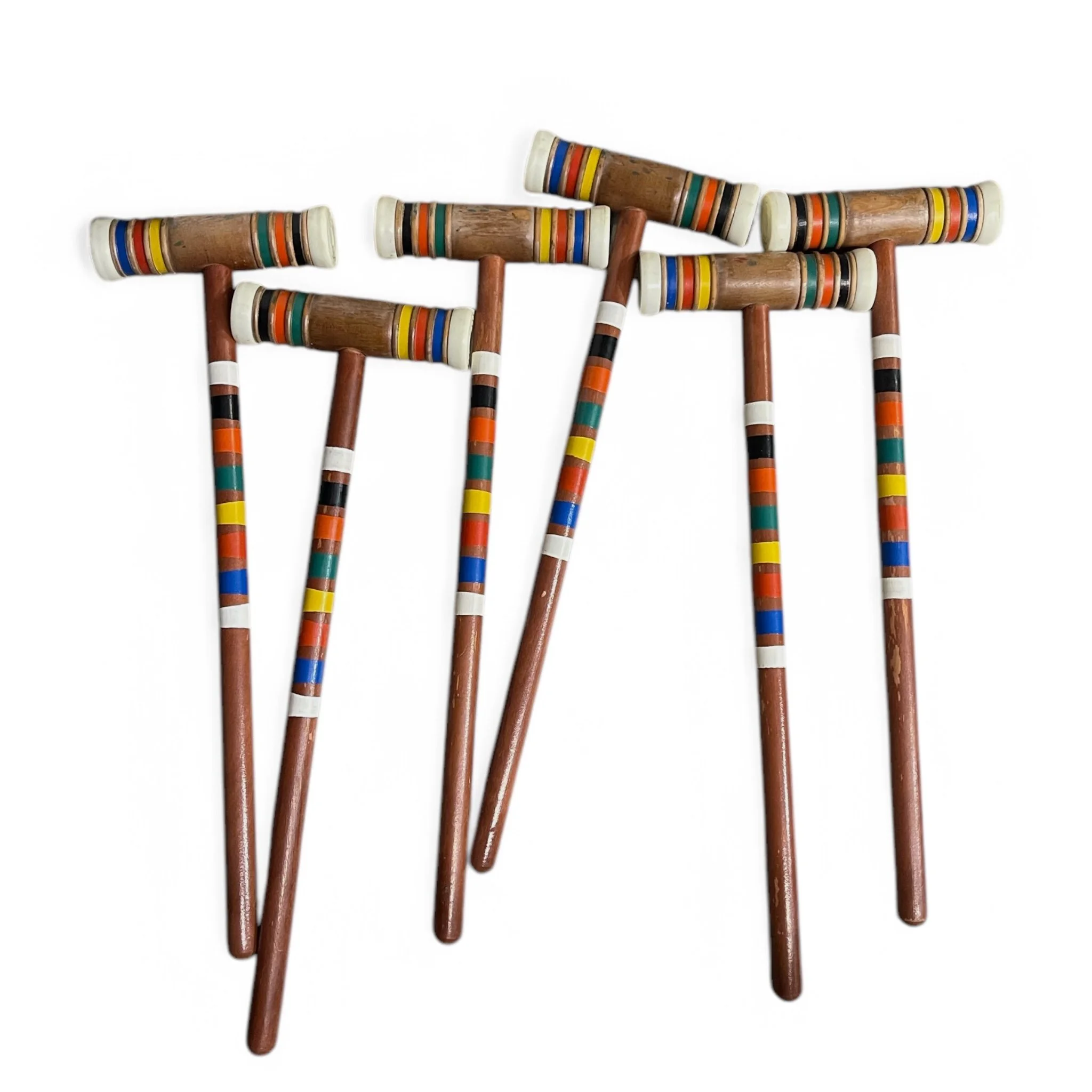 Vintage 6 player wooden croquet set with stand, a classic lawn yard game with colorful striped mallets and balls. Unique game room or man cave decor.
