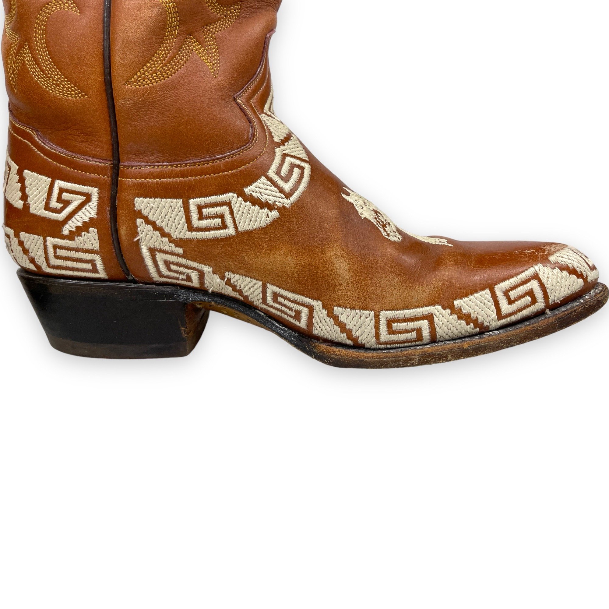 Vintage mens Rudel leather cowboy boots, made in Mexico - brown leather boots with detailed horse embroidery and geometric design on the sides, classic western style, collectible mens footwear.