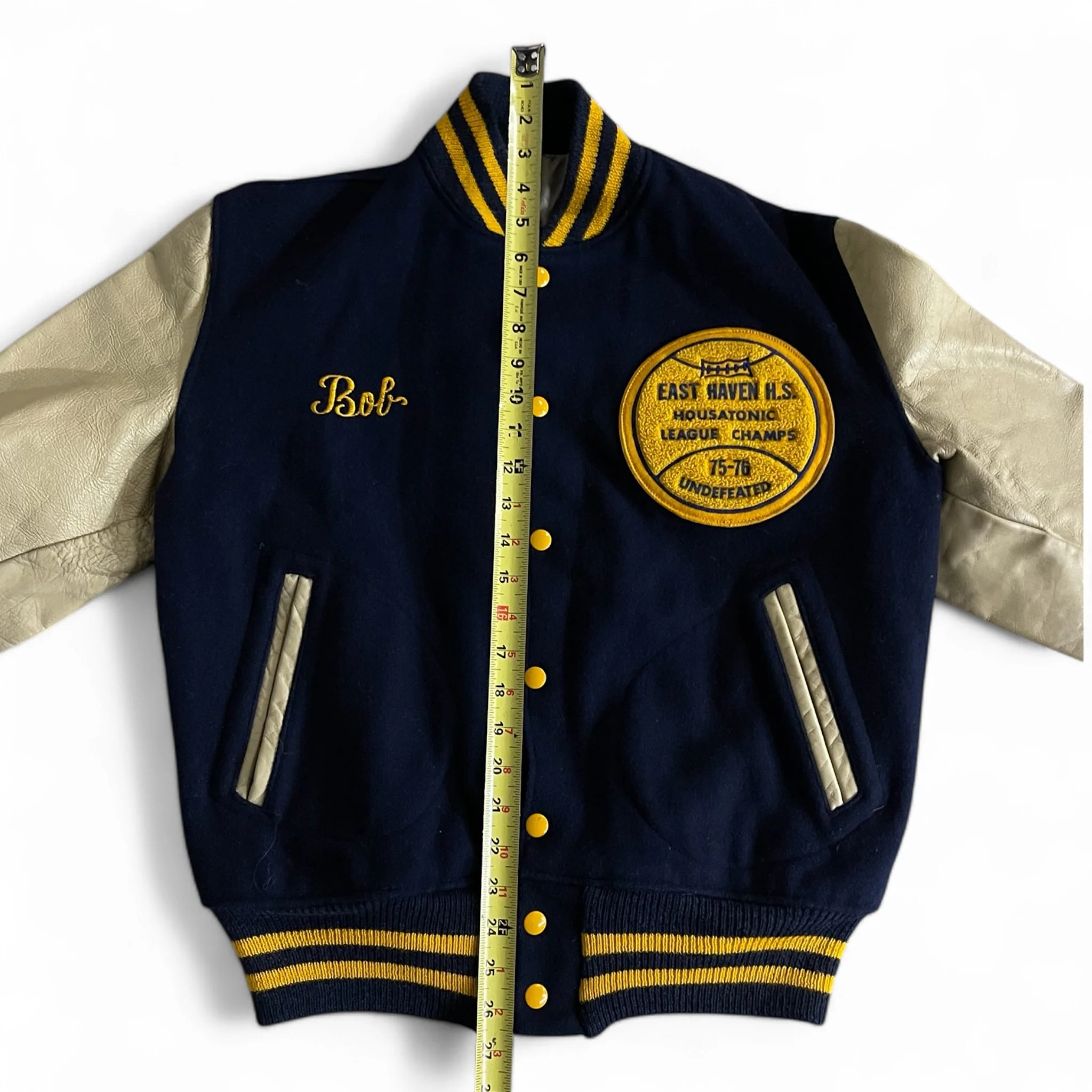 Vintage basketball letterman jacket, personalized, 1970s, blue yellow, leather and wool, East Haven, league champs, Bicentennial.