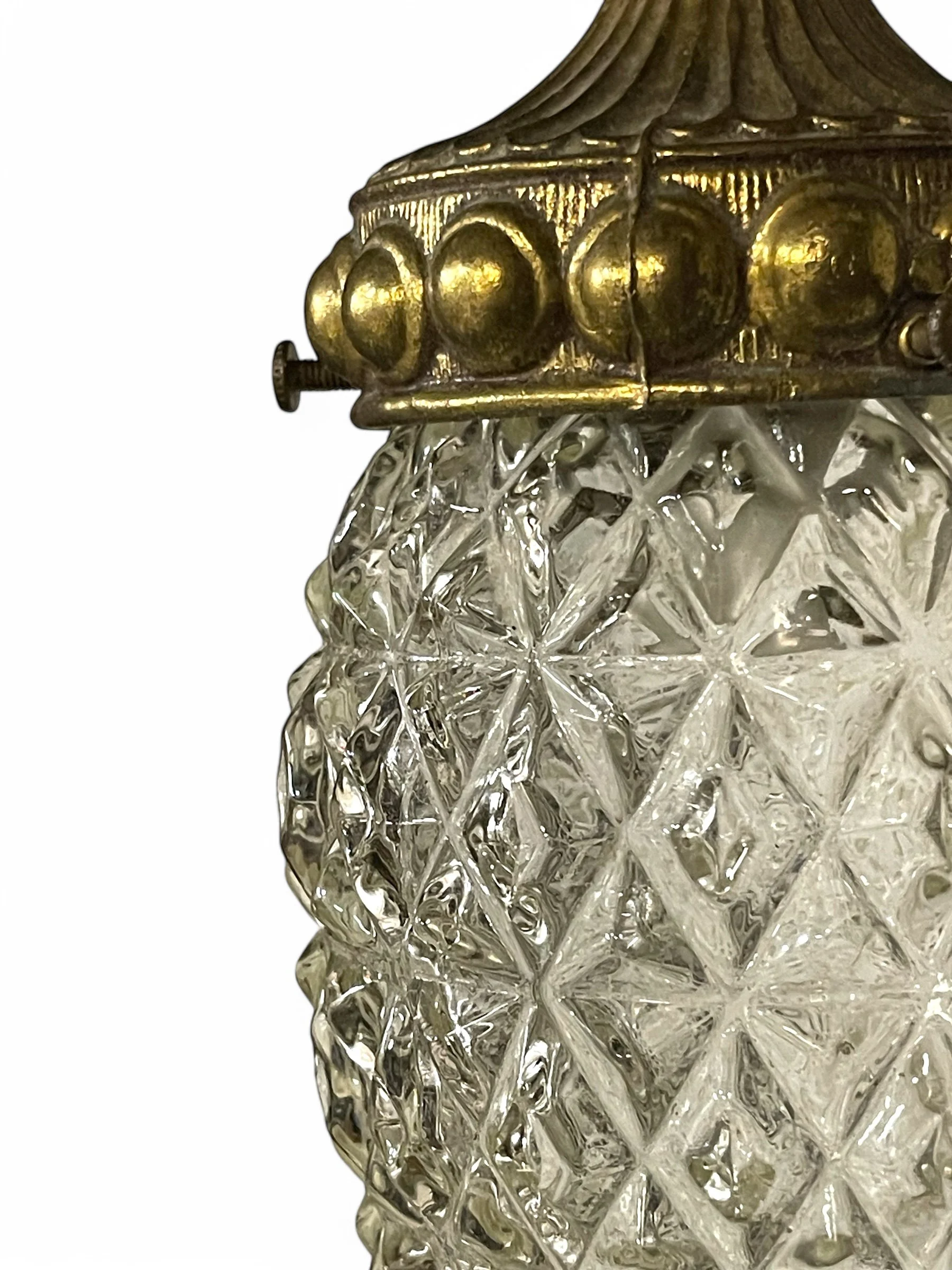 Pair of vintage faceted glass pendant swag lights with gold chains and shared canopy, hardwired, perfect for glam, Hollywood Regency, or vintage inspired interiors.