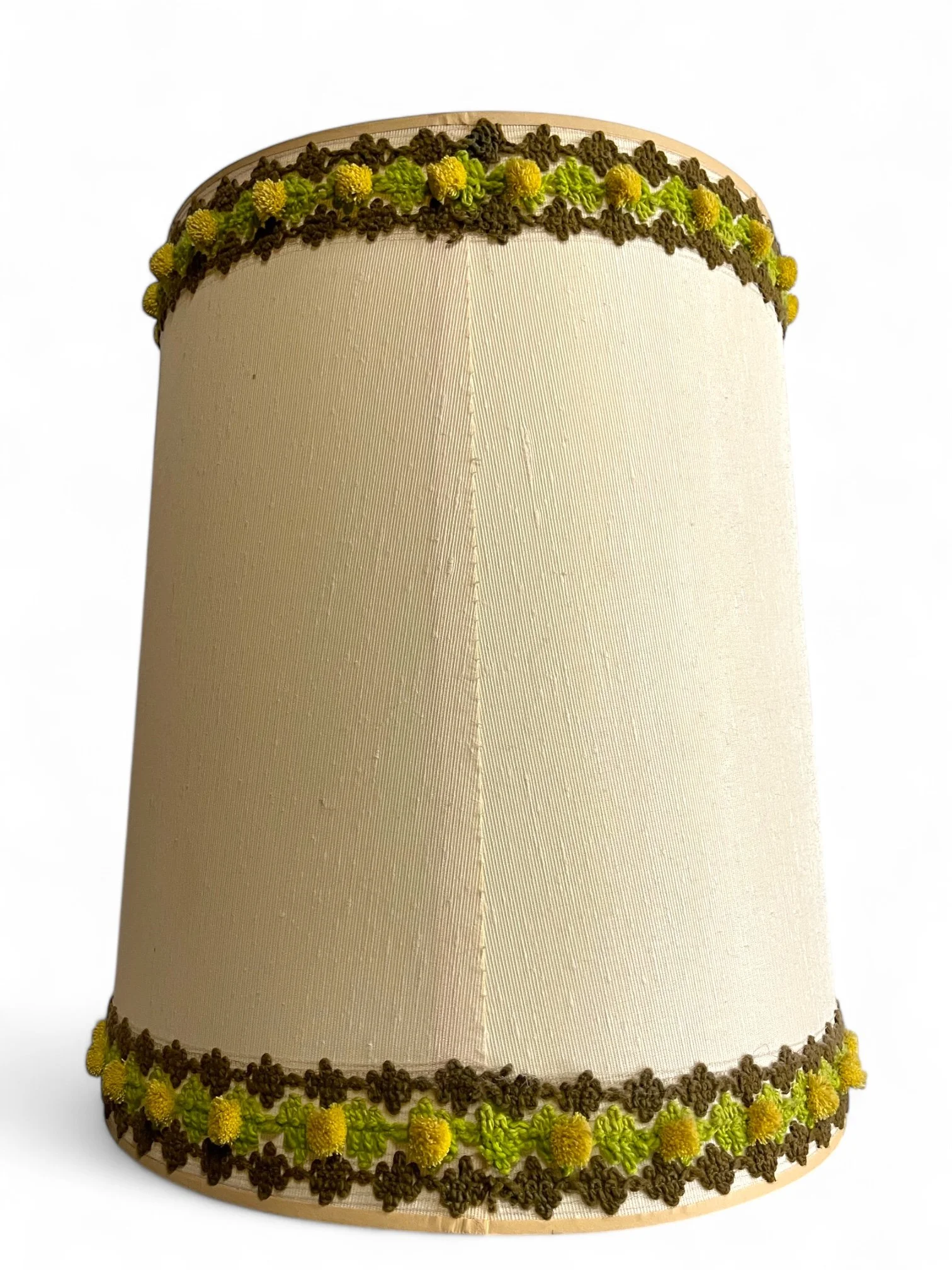 Vintage large, ornate brown and gold ceramic table lamp with dual light option for the perfect ambiance in a mid century or Spanish Revival space and a vintage drum shade.