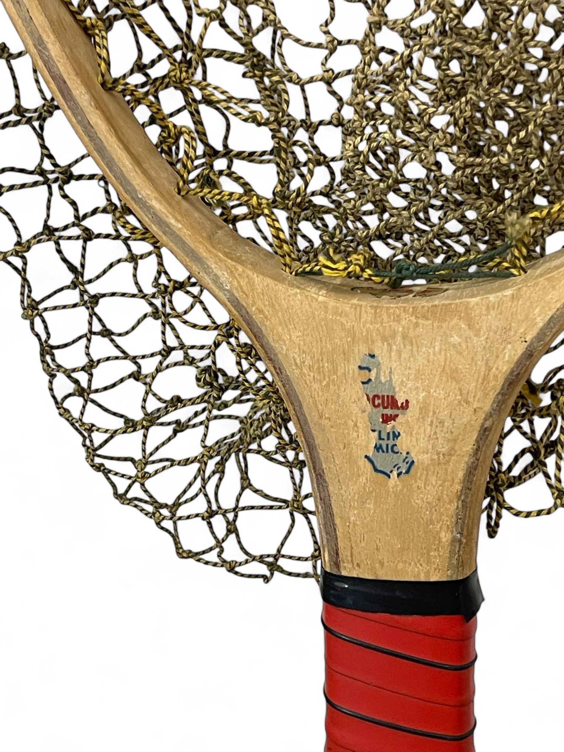 Vintage wood frame trout fishing net, red handle, made in USA, 23 inches length