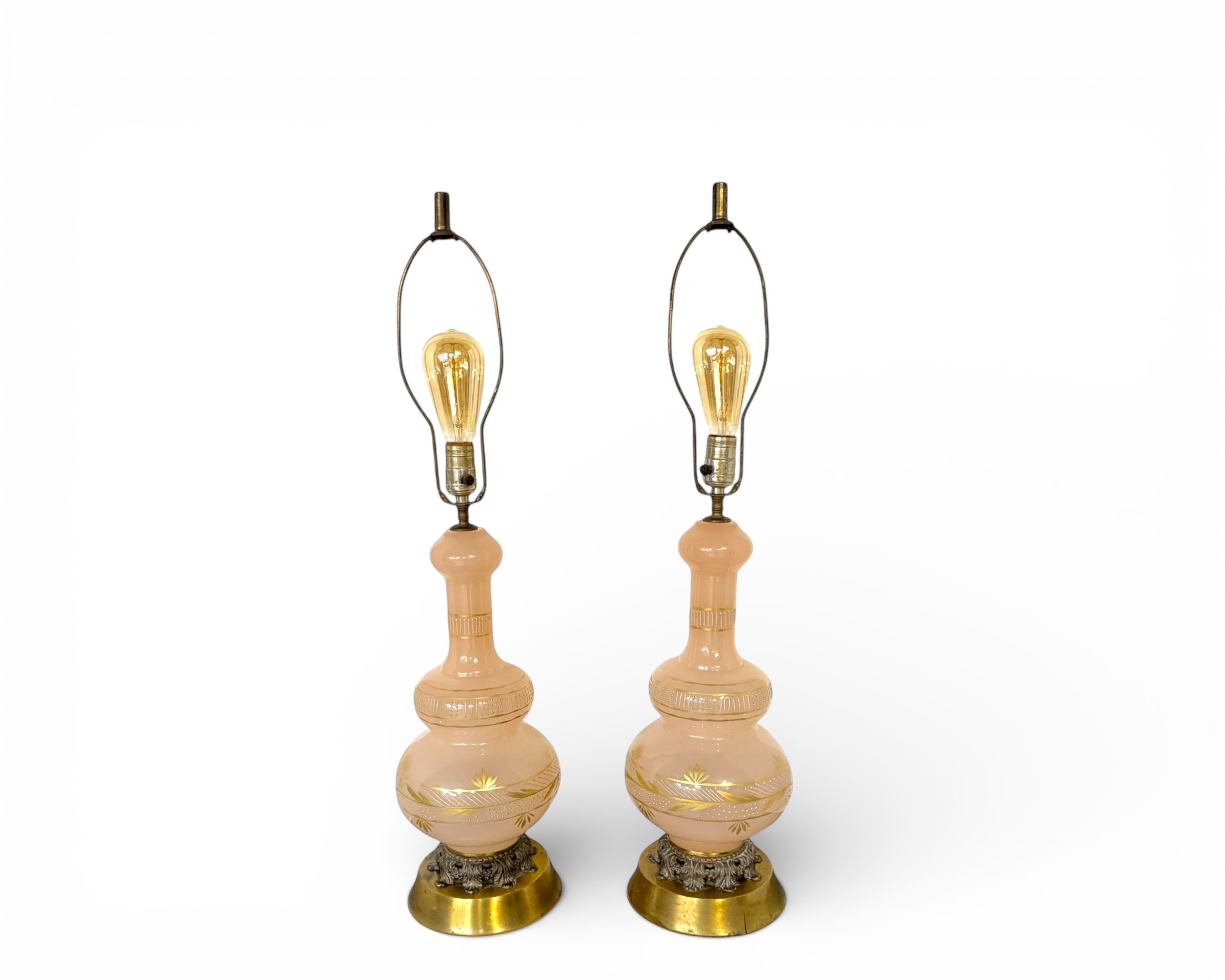 Pair of vintage 1960s pink glass genie bottle table lamps with gold leaf decoration