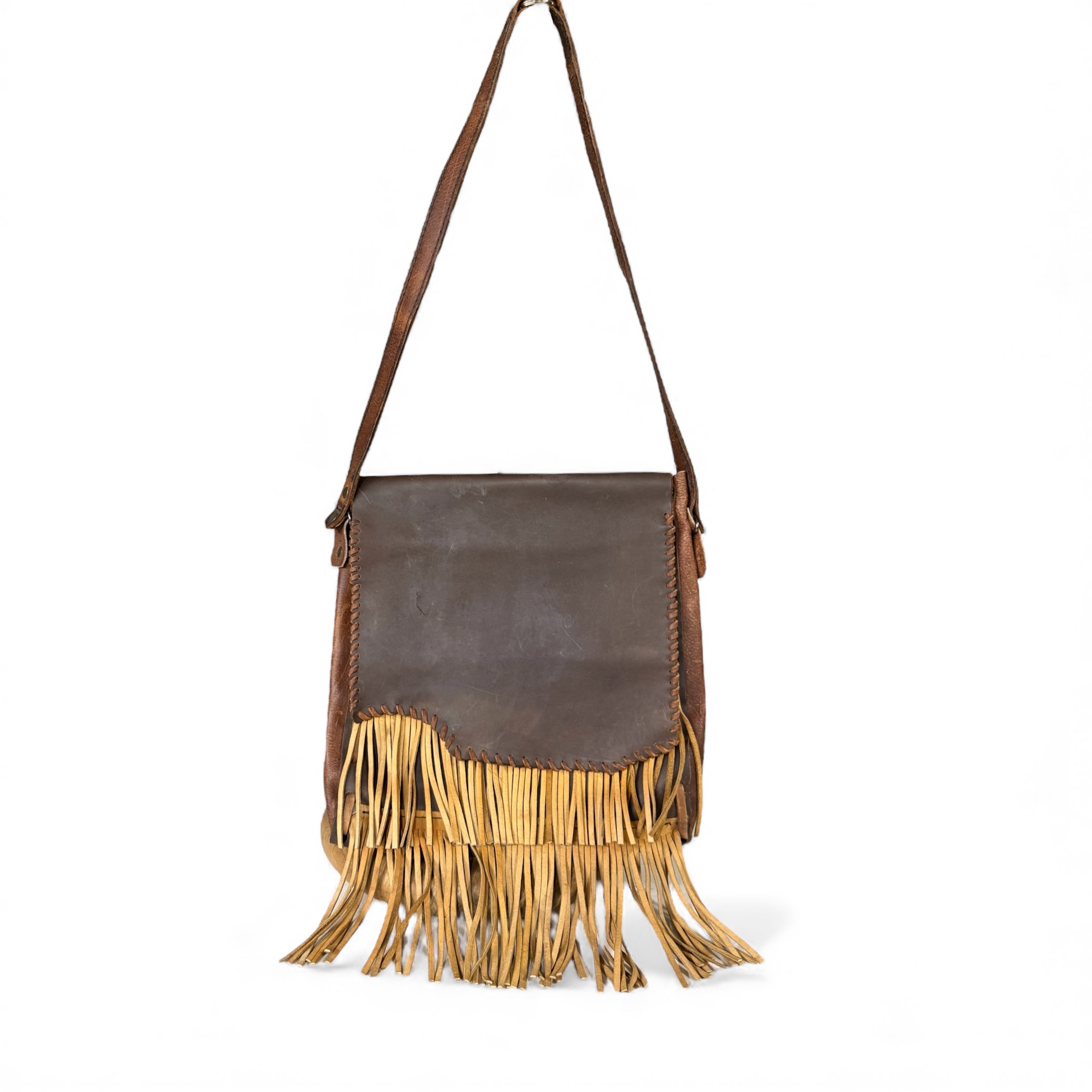 Front view of vintage leather fringe shoulder crossbody purse