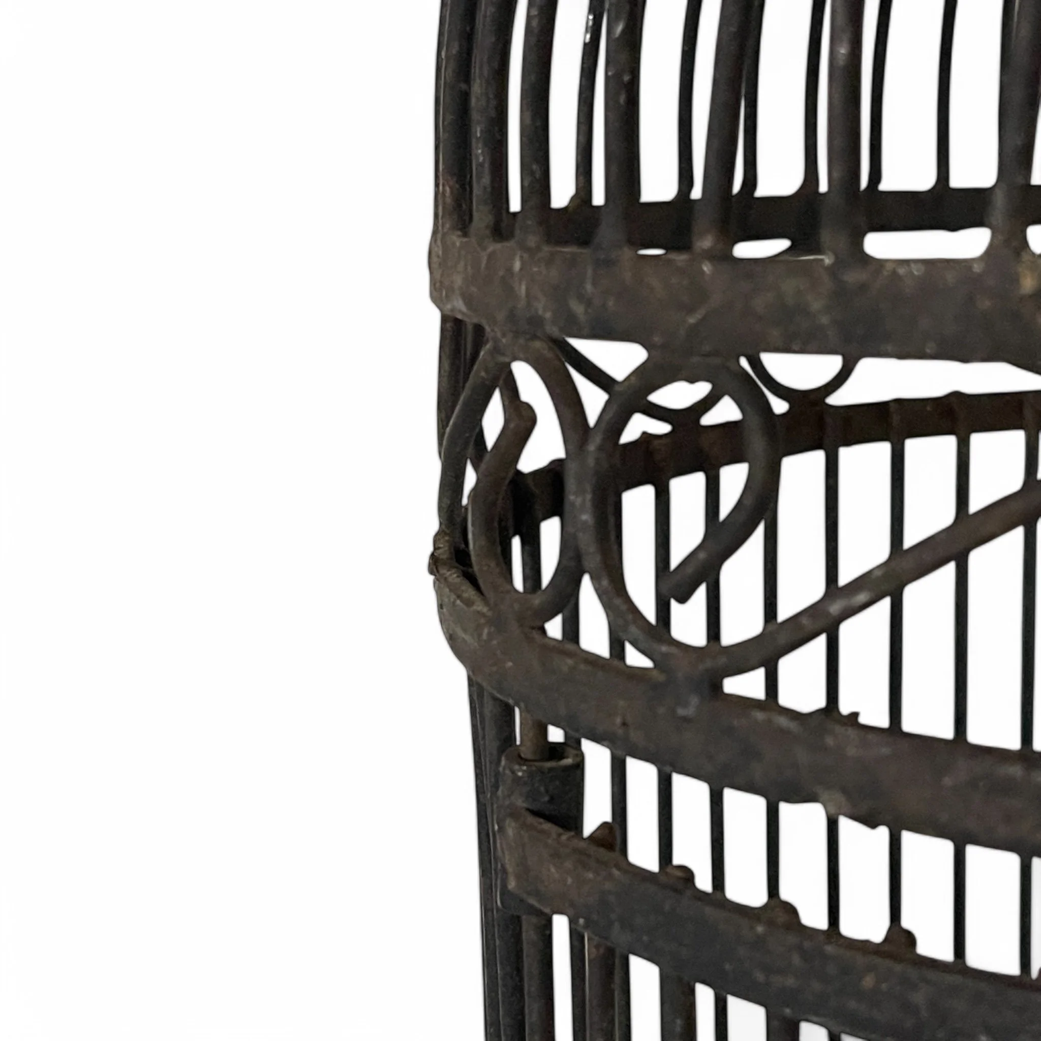 Tall hanging vintage bird cage, dome oval shaped, black wrought iron with intricate detailing,  includes chain and perch. Ideal decor for Victorian or gothic inspired interiors.