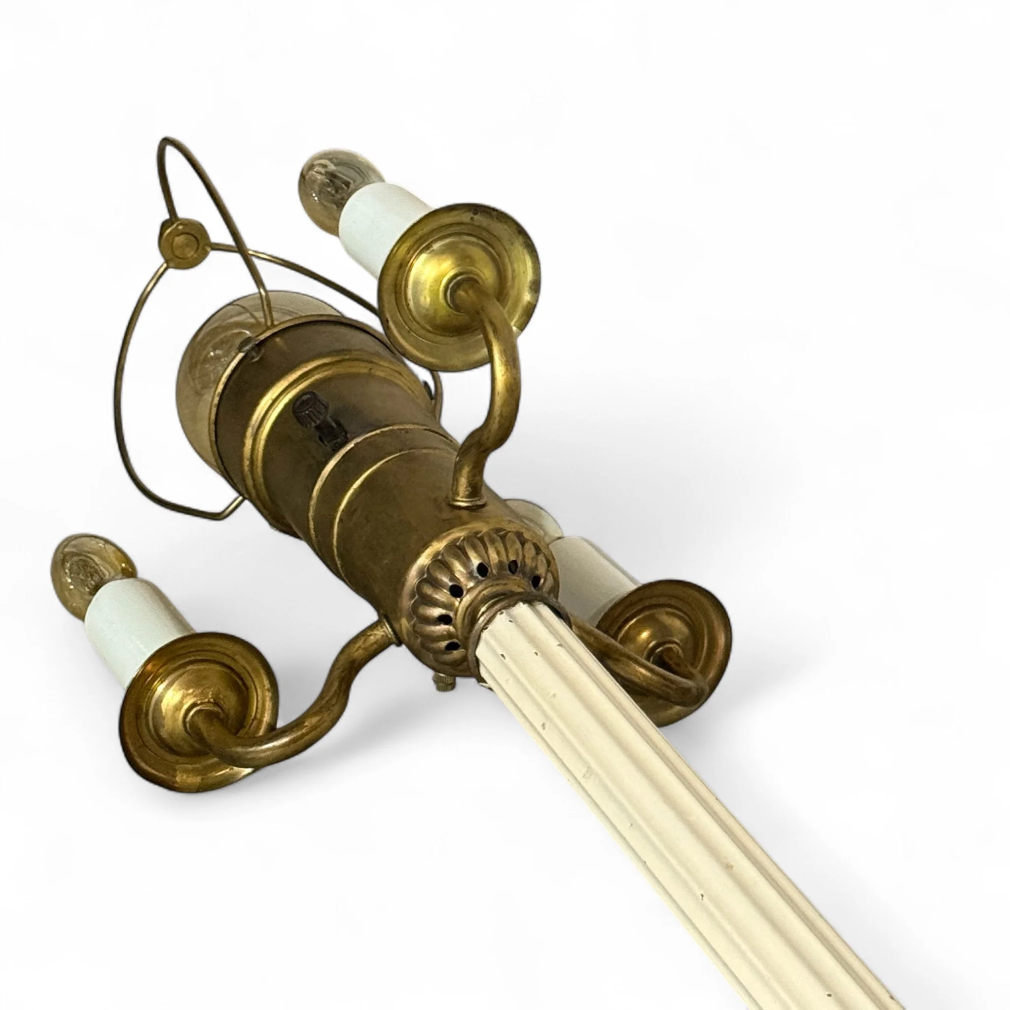 Vintage Victorian 3-arm candelabra floor lamp with ornate metal base and fringed fabric shade, 5 light standing lamp.