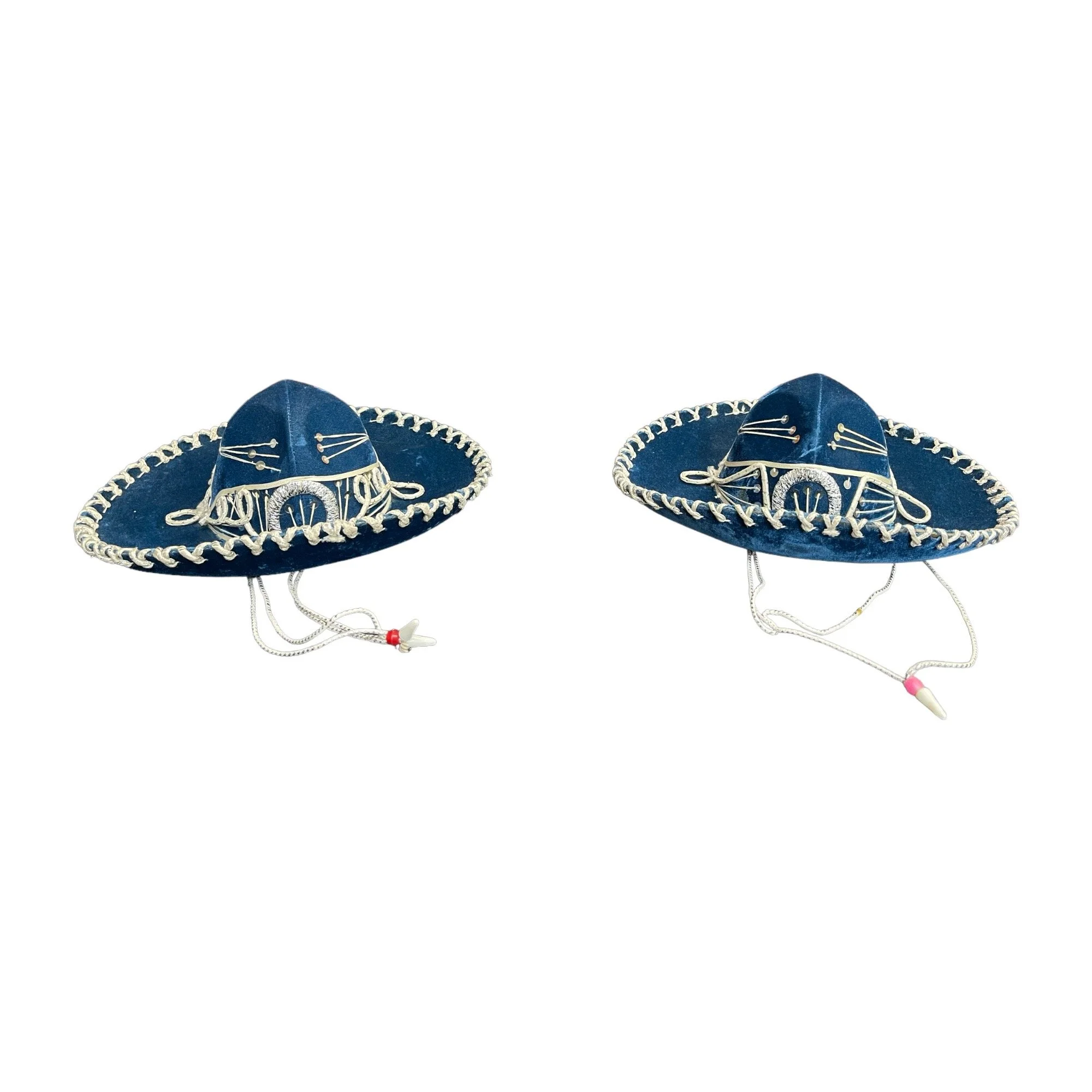 Vintage pair Sombrero Hats for Kids - Felt Sequined, High Crowned Sombreros, vibrant blue with white detailing and silver sequins.