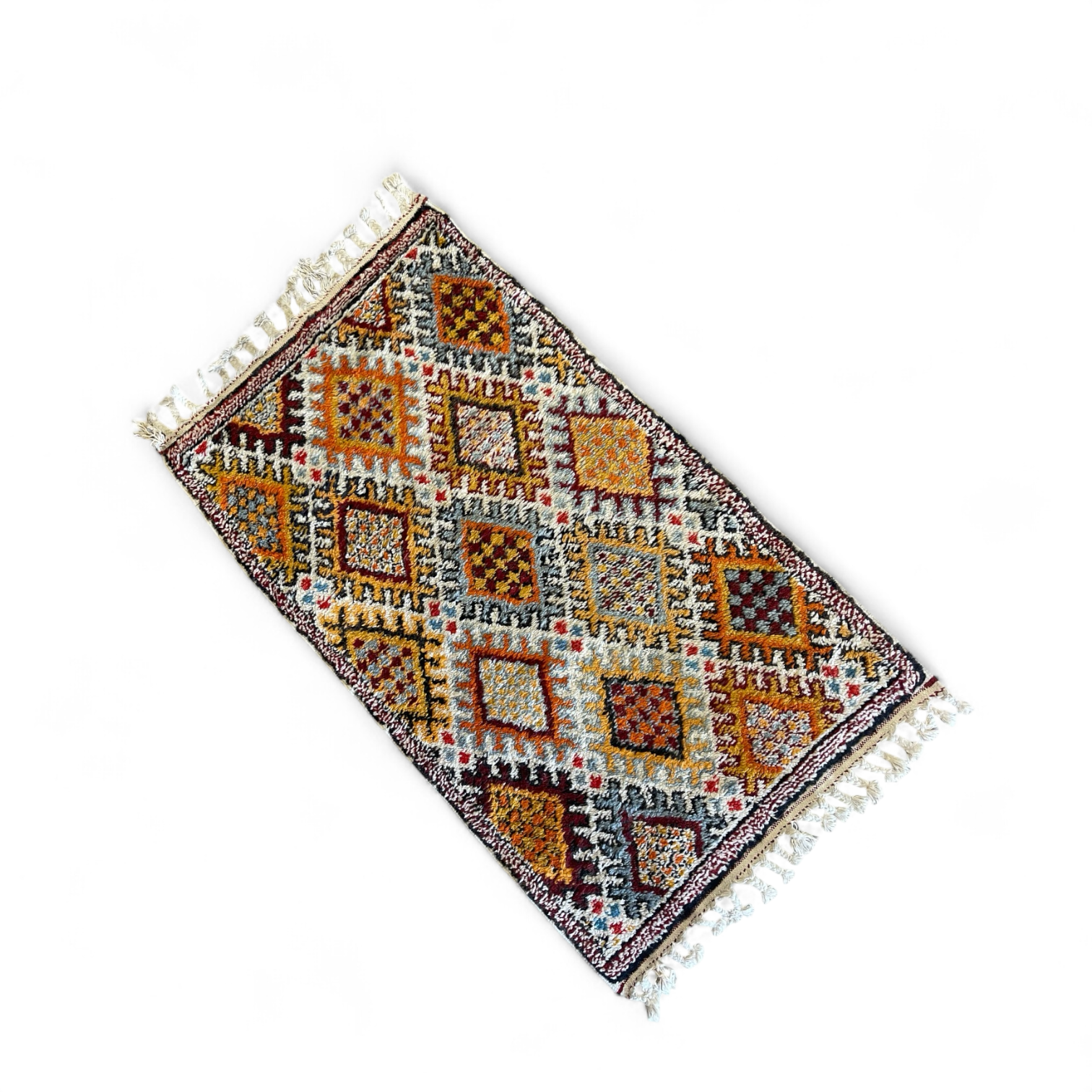 Vintage 1960s Moroccan rug 3x5 with tassels. Colorful geometric pattern.