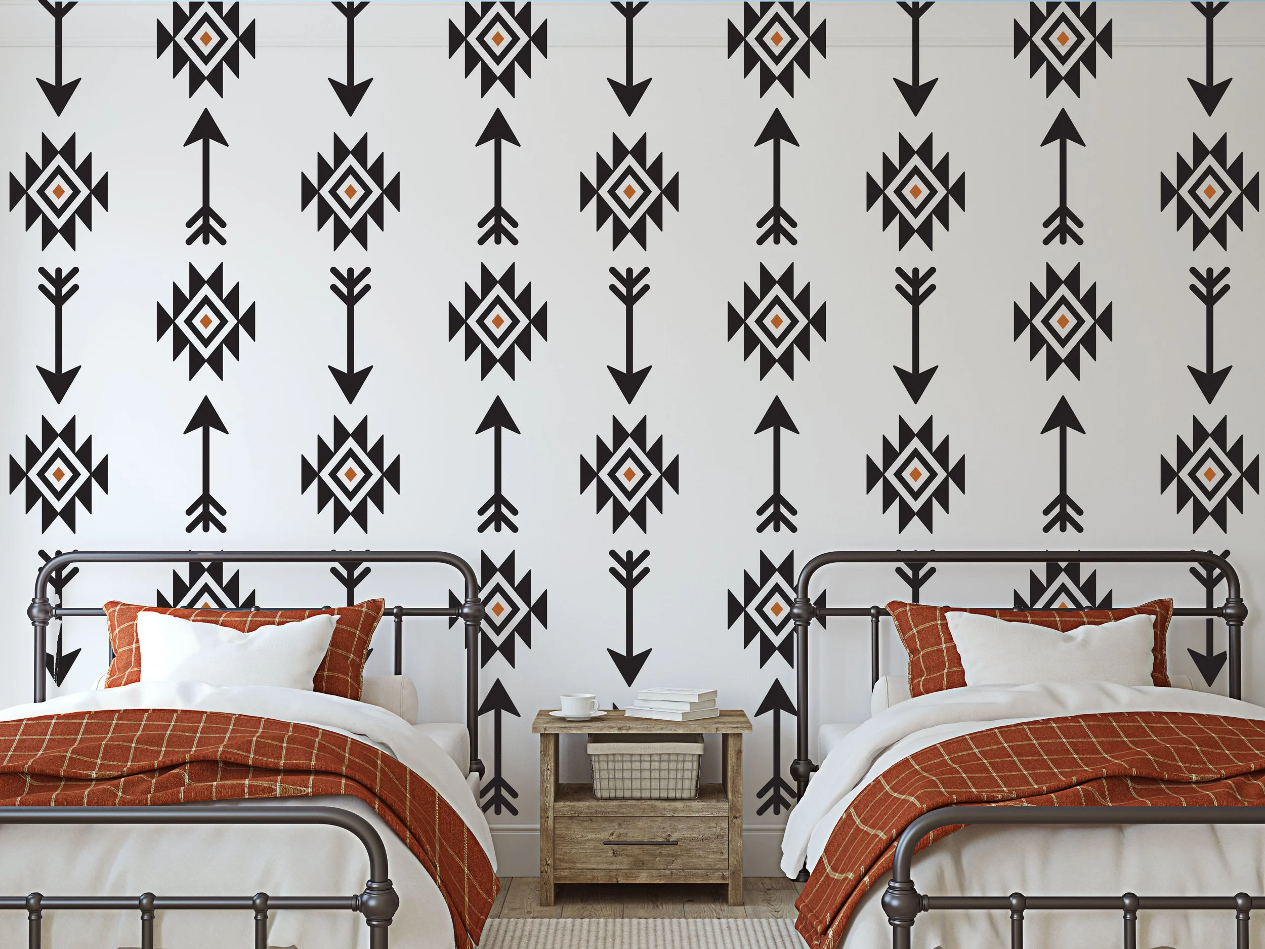 Two color, geometric Aztec pattern and arrow removable wall decals by Wall Star Graphics. Perfect for southwestern and boho inspired spaces. Easy to remove, renter friendly.