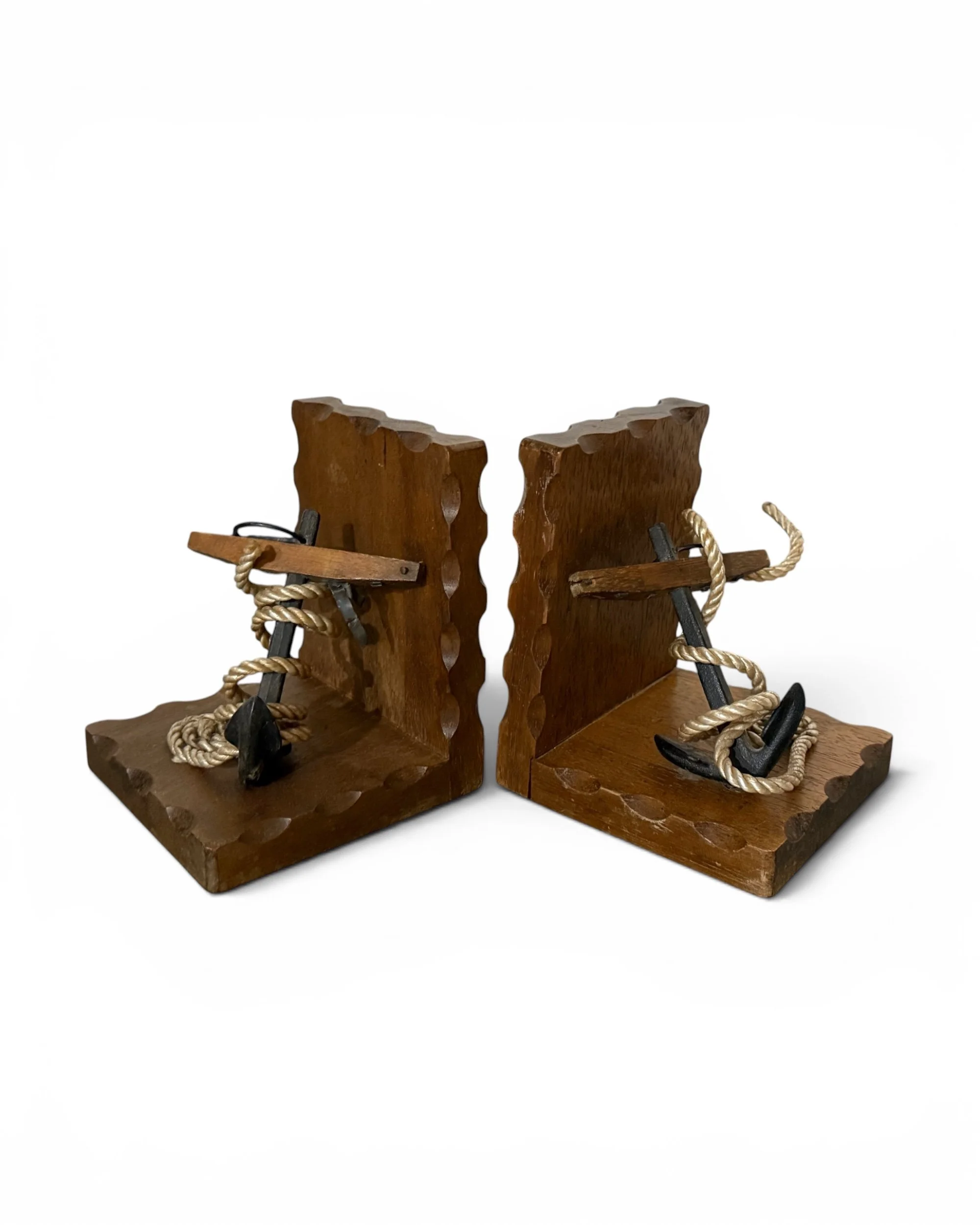 Wooden nautical bookends styled in beach house coastal home decor