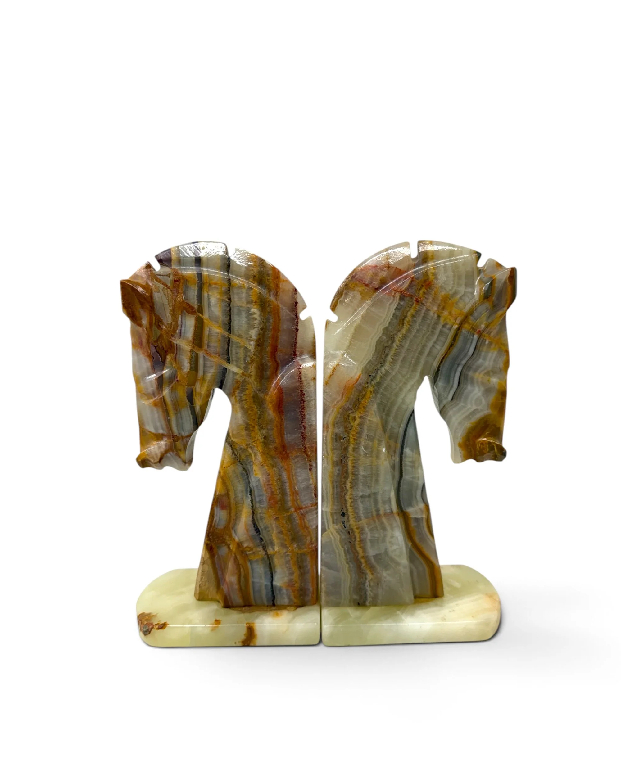 vintage horse head bookends, carved stone, equestrian decor