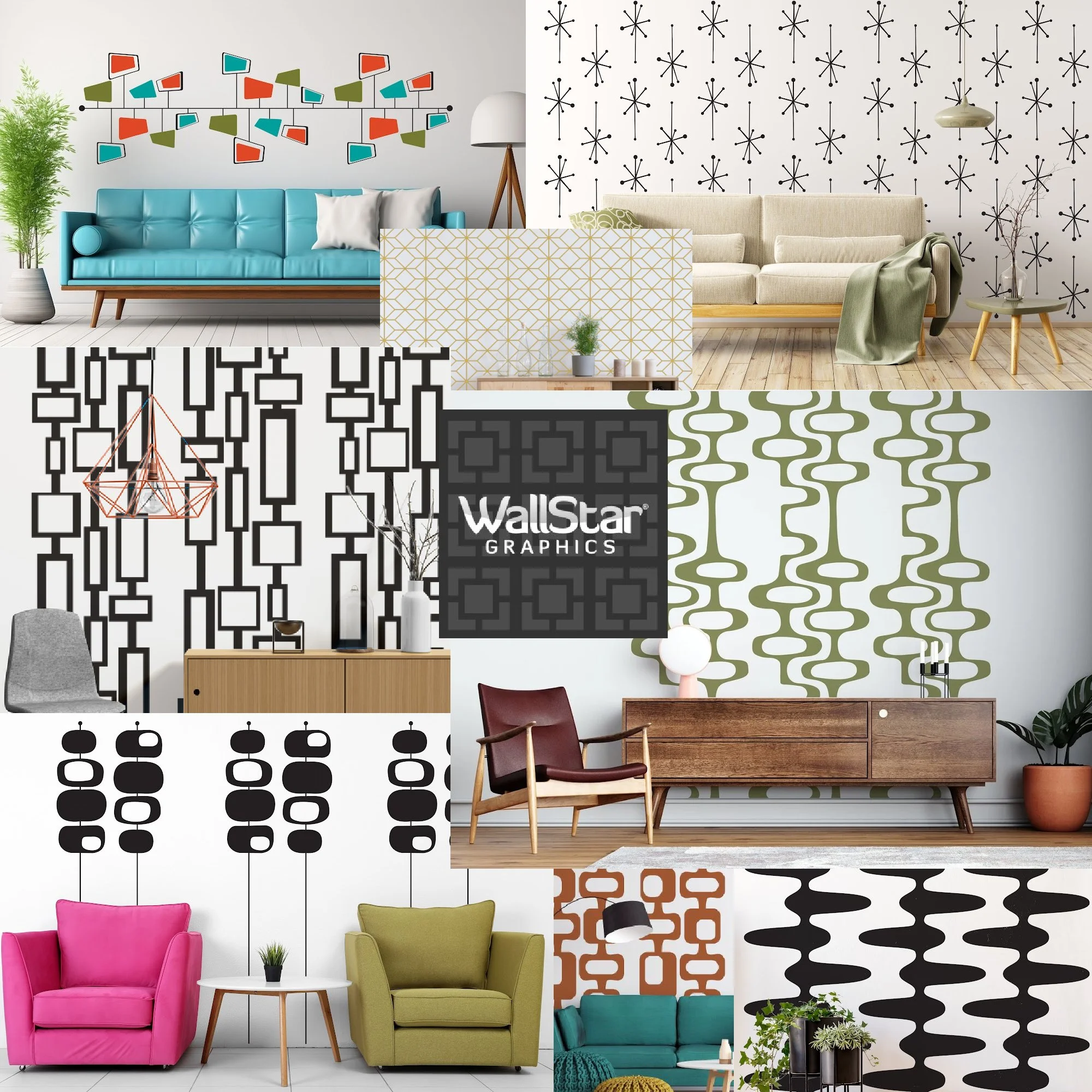 A collage of mid century geometric pattern vinyl wall decals by Wall Star Graphics styled in a variety of modern living rooms.