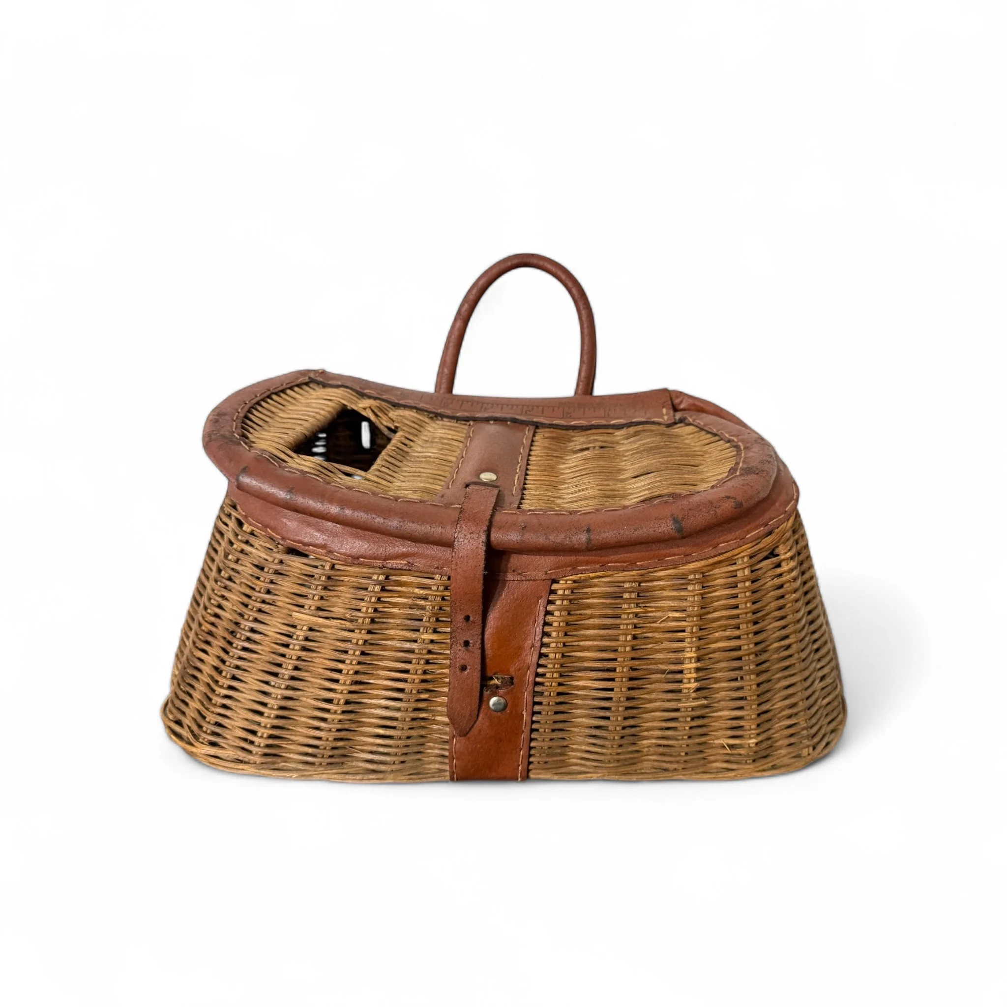 Vintage fishing creel basket made in British Hong Kong made of wicker and leather.