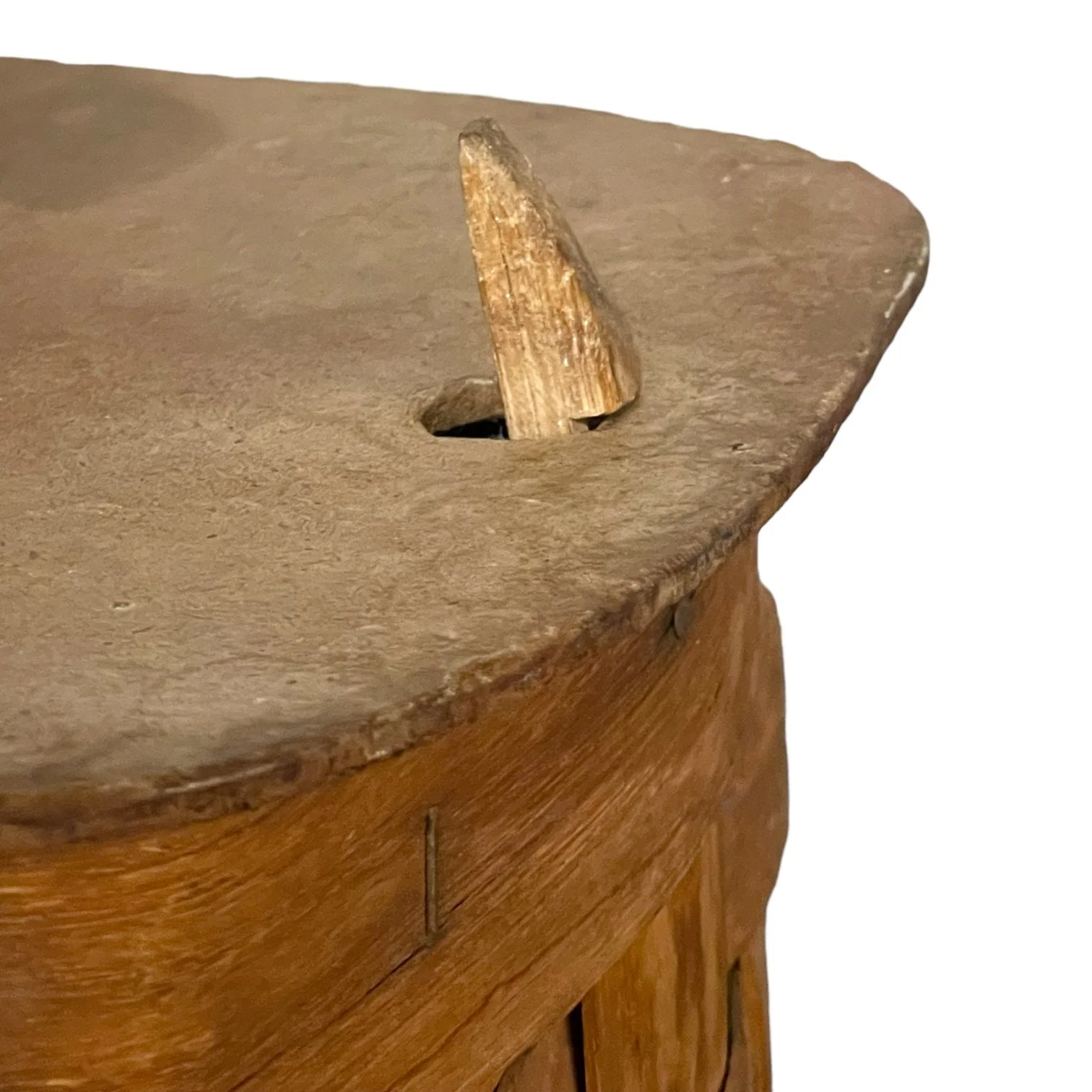 Close up view of a large vintage Adirondack Pack Basket - 2 Compartments, 1 with lid, canvas adjustable shoulder straps.