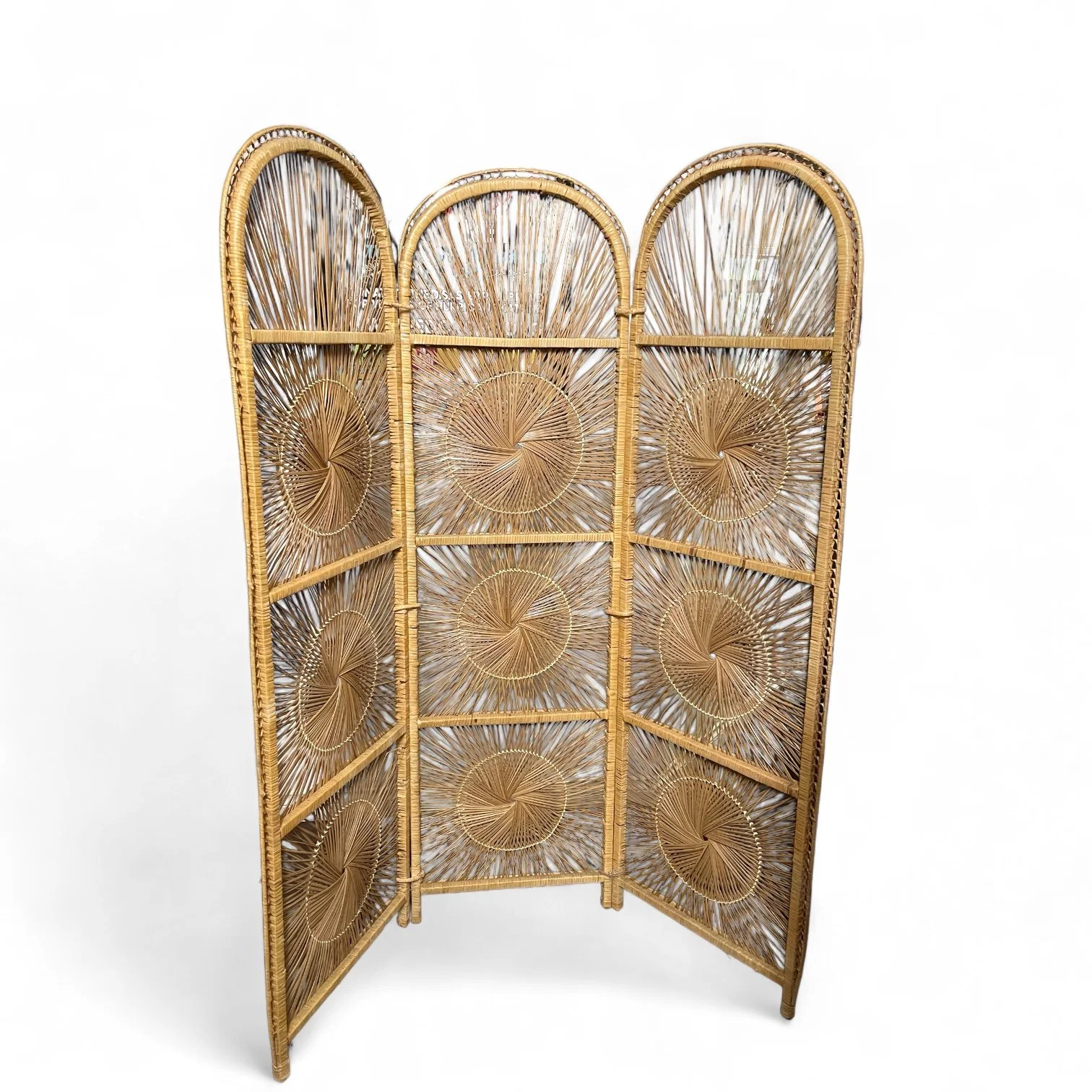 Vintage 1970s rattan room divider with sunburst pattern and rounded tops. Measures 71.5 inches tall
