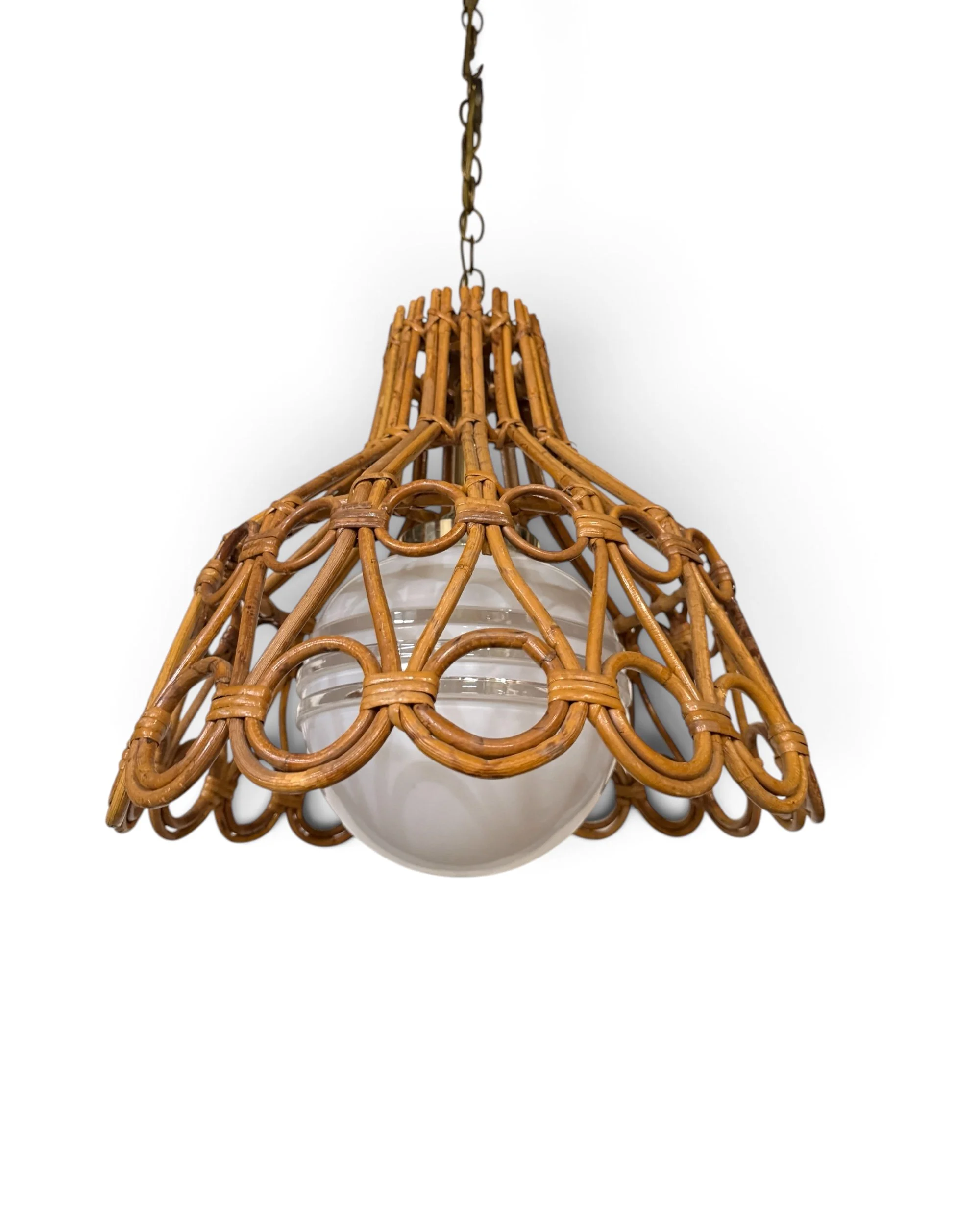 Vintage rattan pendant light with woven wicker cage, glass globe and hanging chain