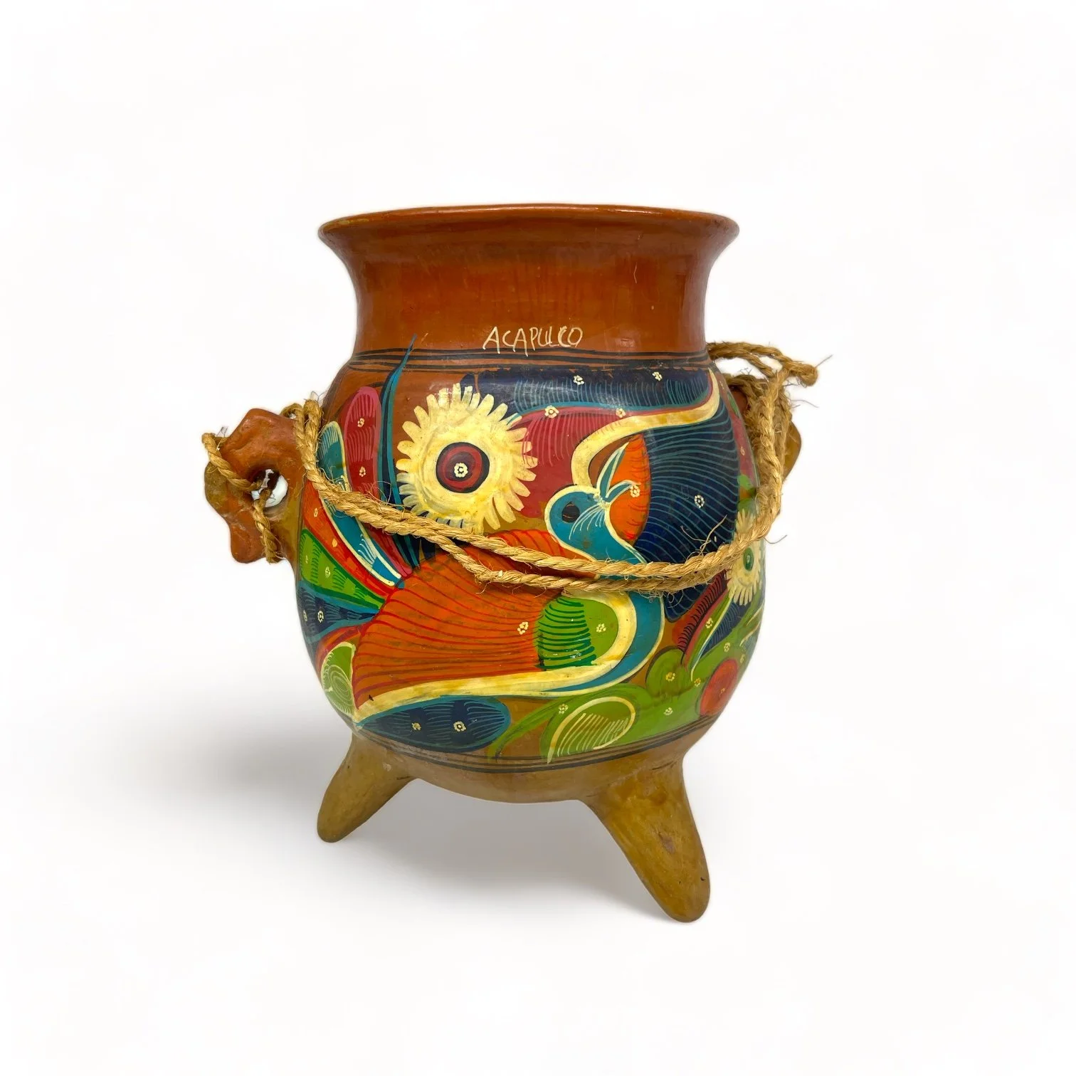 Vintage Mexican terracotta hanging pot hand painted with colorful birds and flowers. Folk art pottery from Acapulco.
