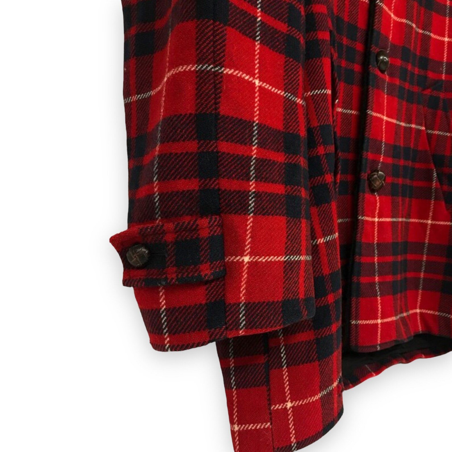 Vintage 1950s womens Pendleton red and black plaid button front wool coat with faux fur collar and side pockets. Fully lined.