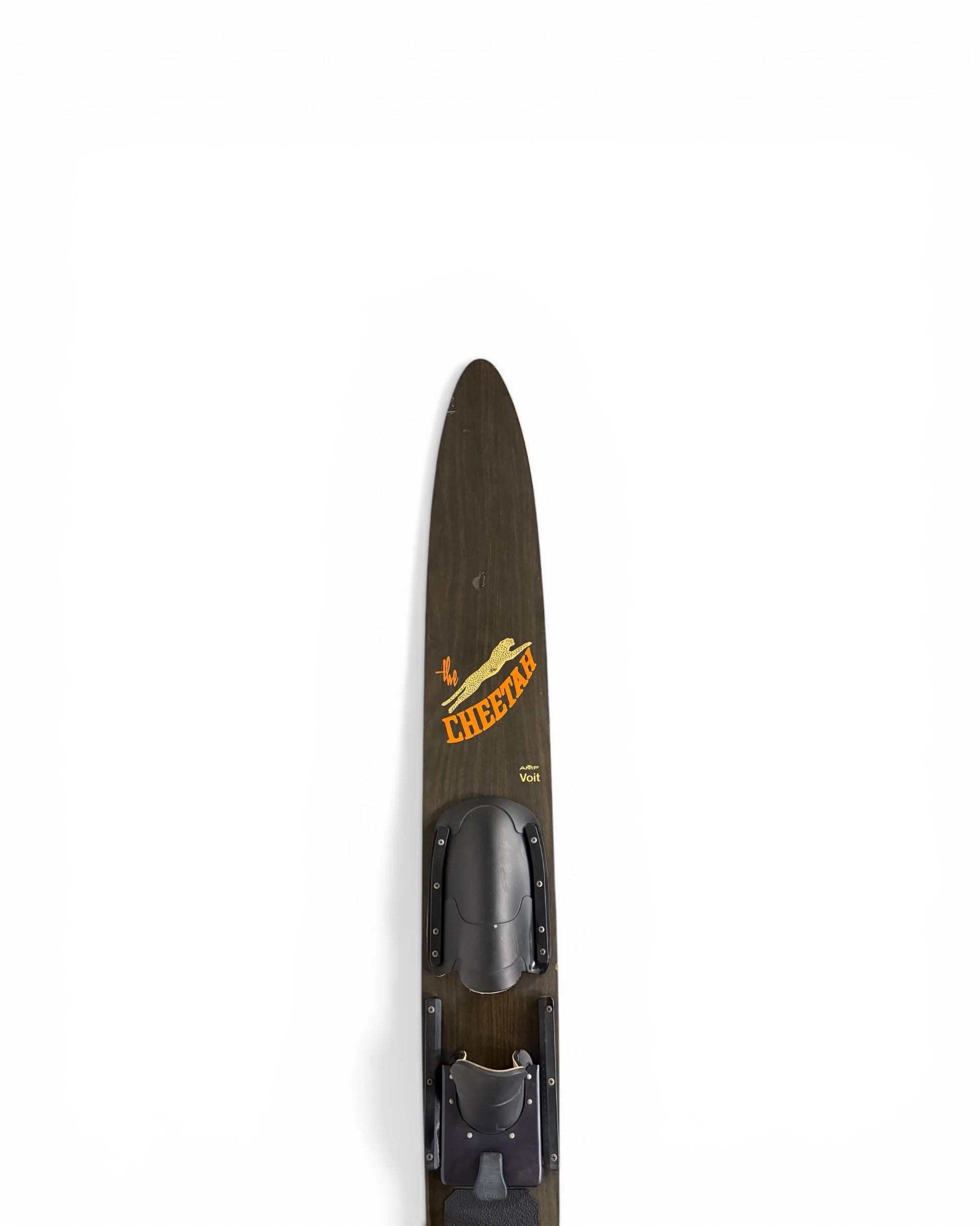 Close-up of AMF Voit Cheetah logo on vintage water ski