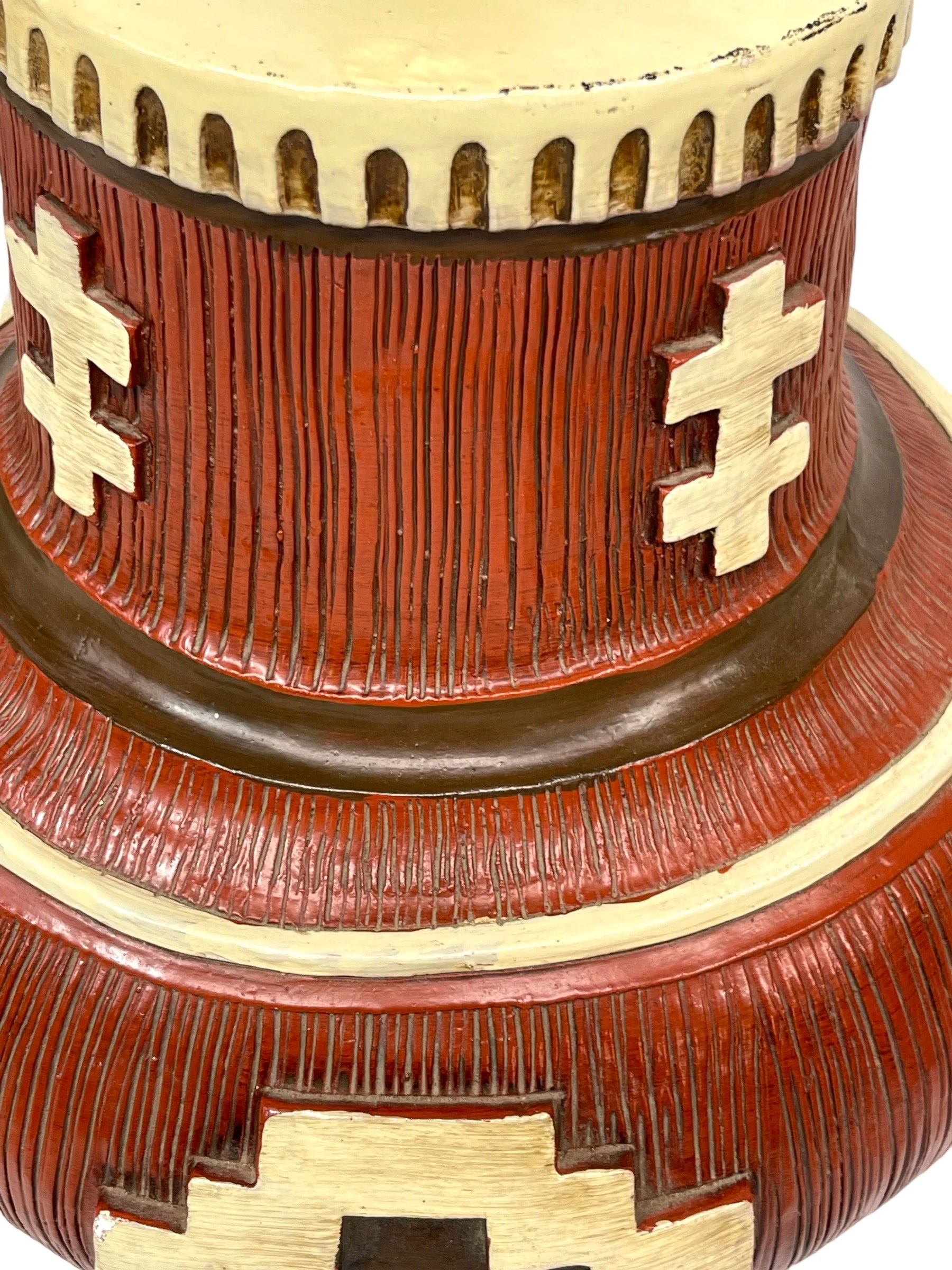 Vintage 31 inch tall ceramic table lamp with shade by American Lamp Co., featuring a southwestern geometric pattern in earth tone colors.