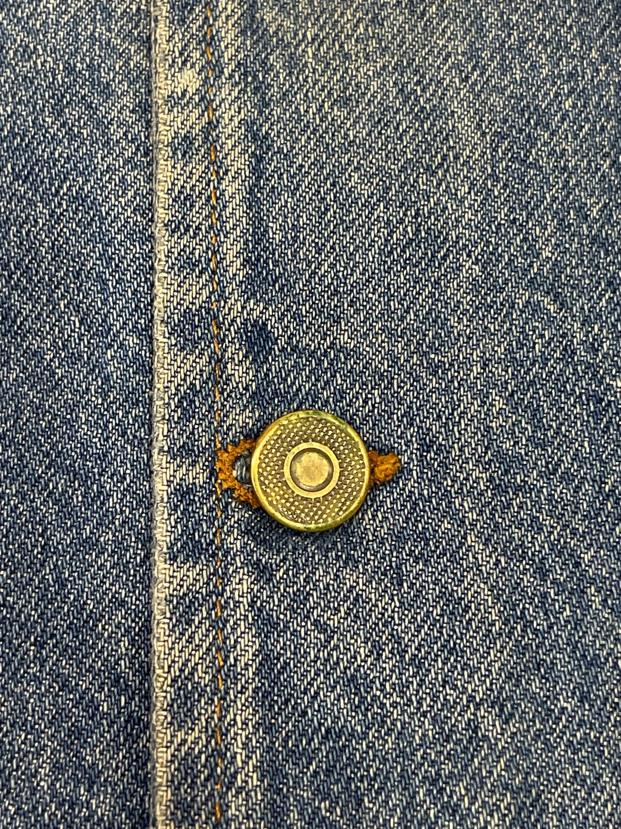 Vintage mens 3XL or 4XL denim vest by SFO San Francisco Overall with vintage military patches.