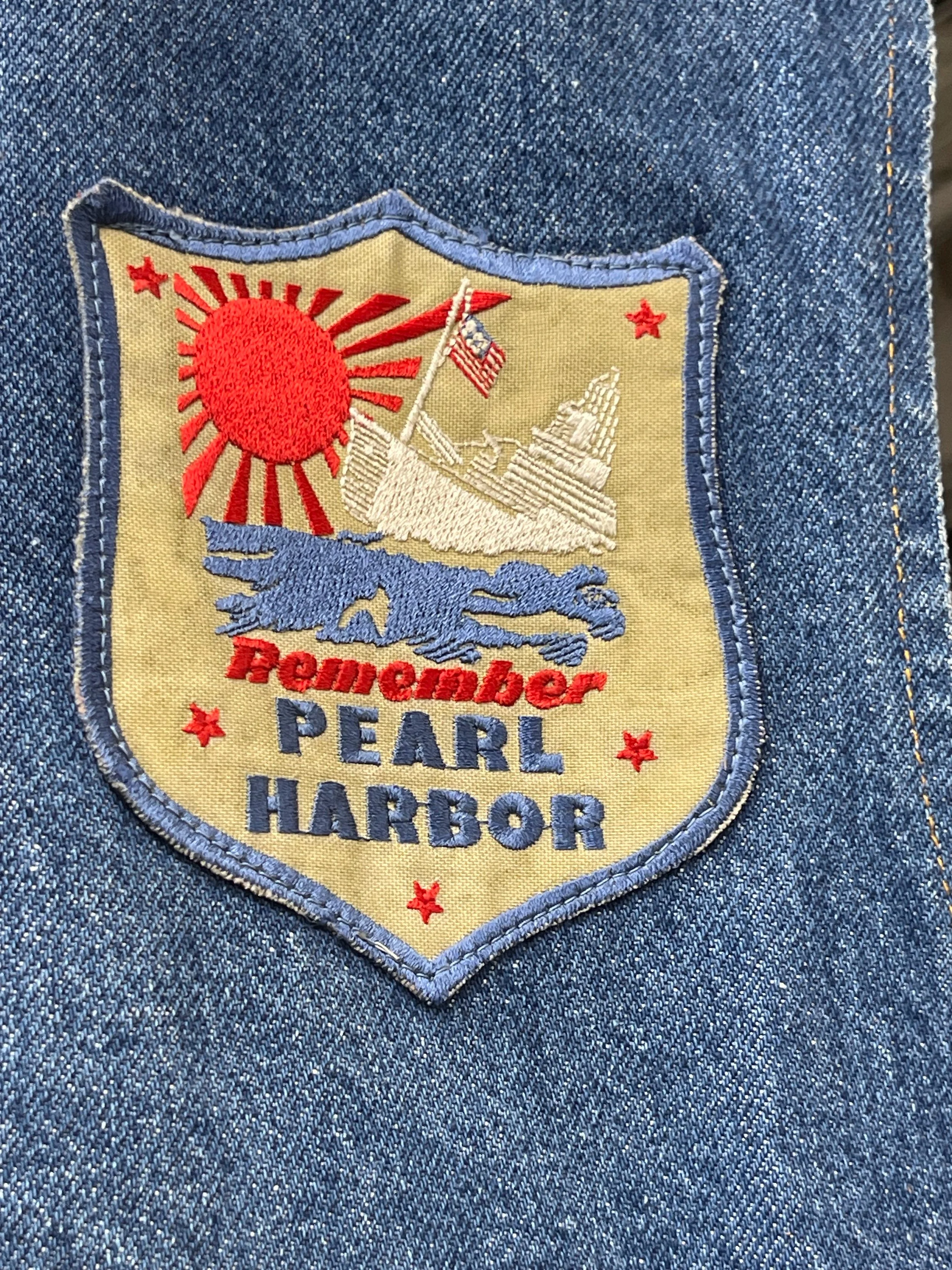 Vintage mens 3XL or 4XL denim vest by SFO San Francisco Overall with vintage military patches.