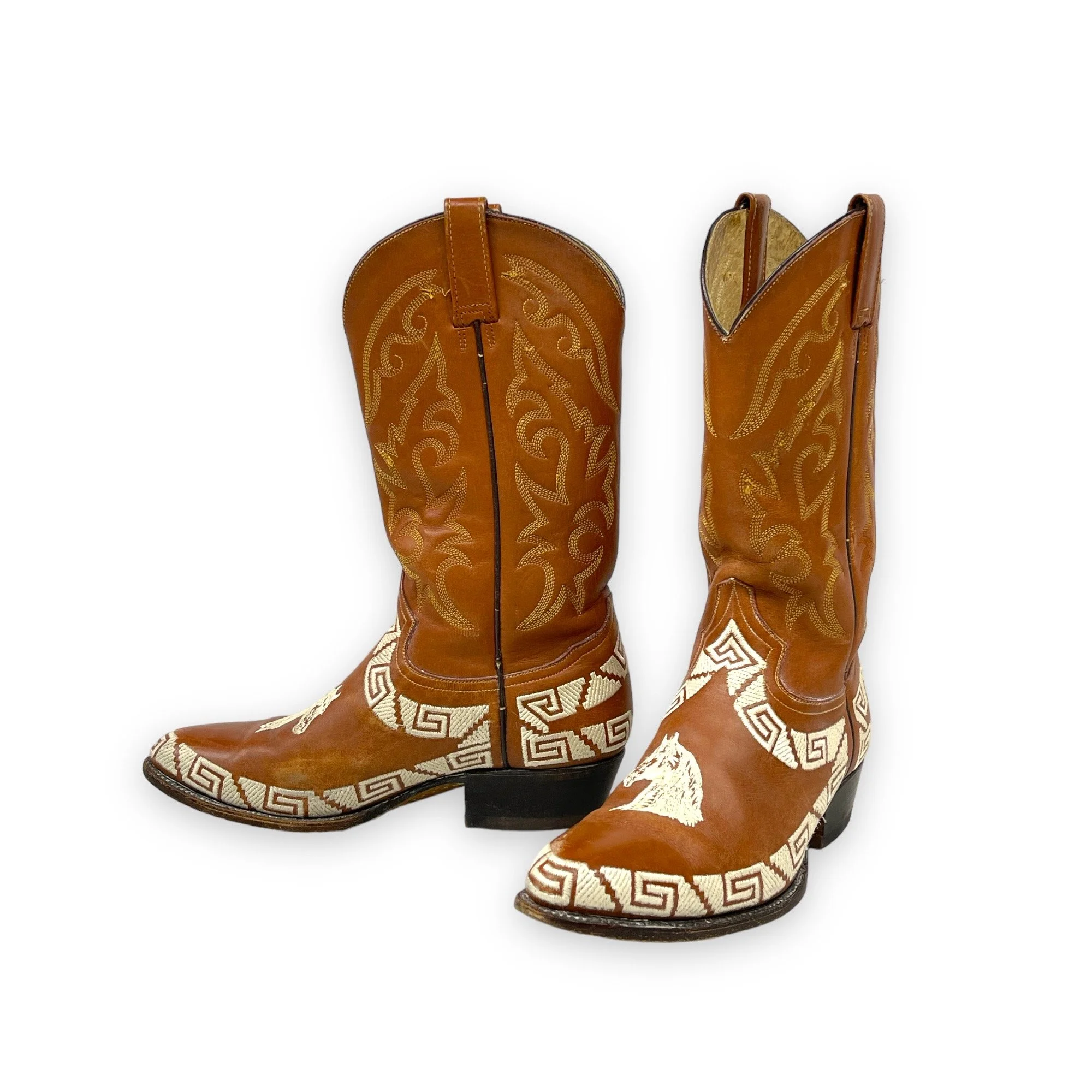 Vintage mens Rudel leather cowboy boots, made in Mexico - brown leather boots with detailed horse embroidery and geometric design on the sides, classic western style, collectible mens footwear.