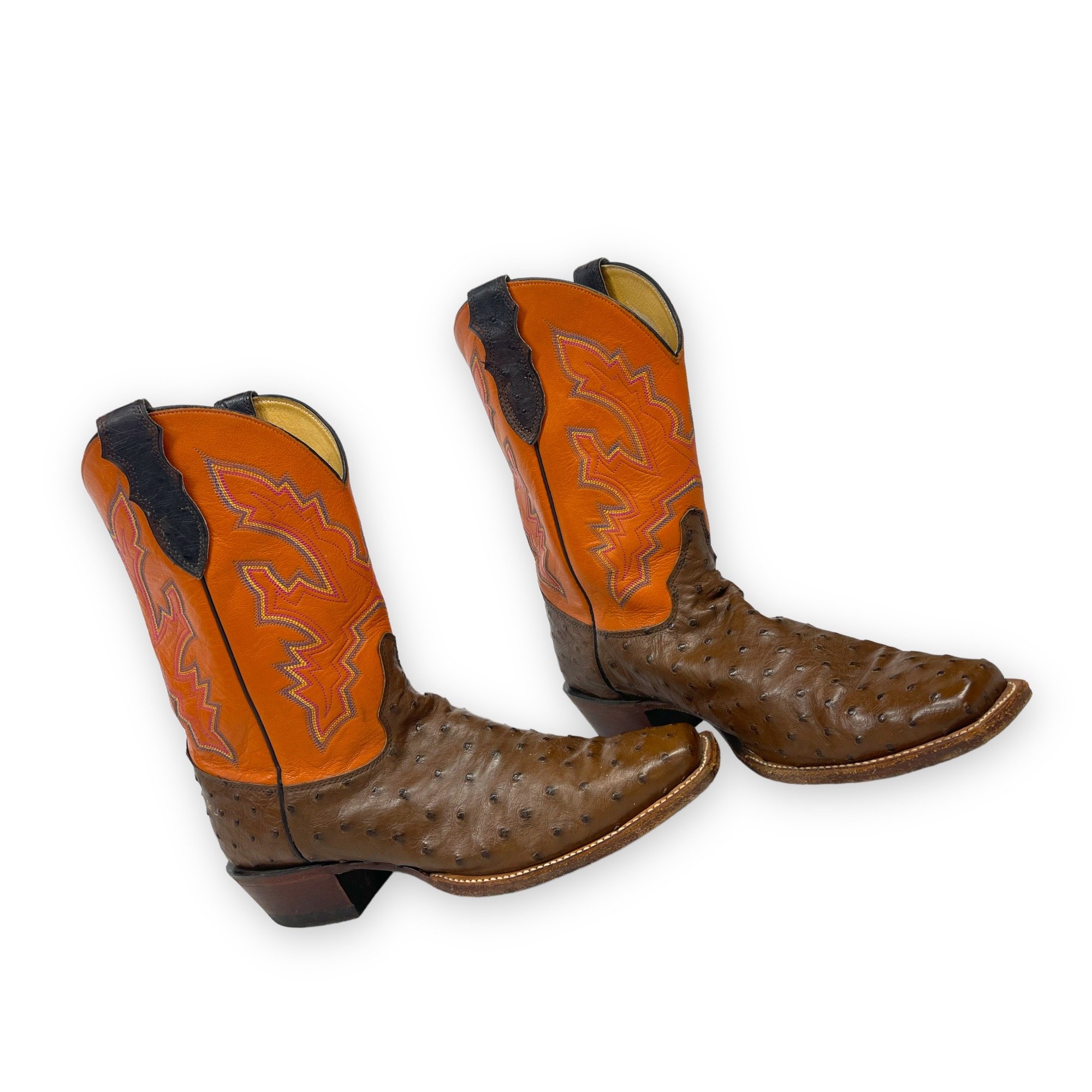 Vintage men's leather cowboy boots, Justin, Style: Comb Last 8962, US men's 11 1/2, made in USA, full quill ostrich, square toe, brown and orange