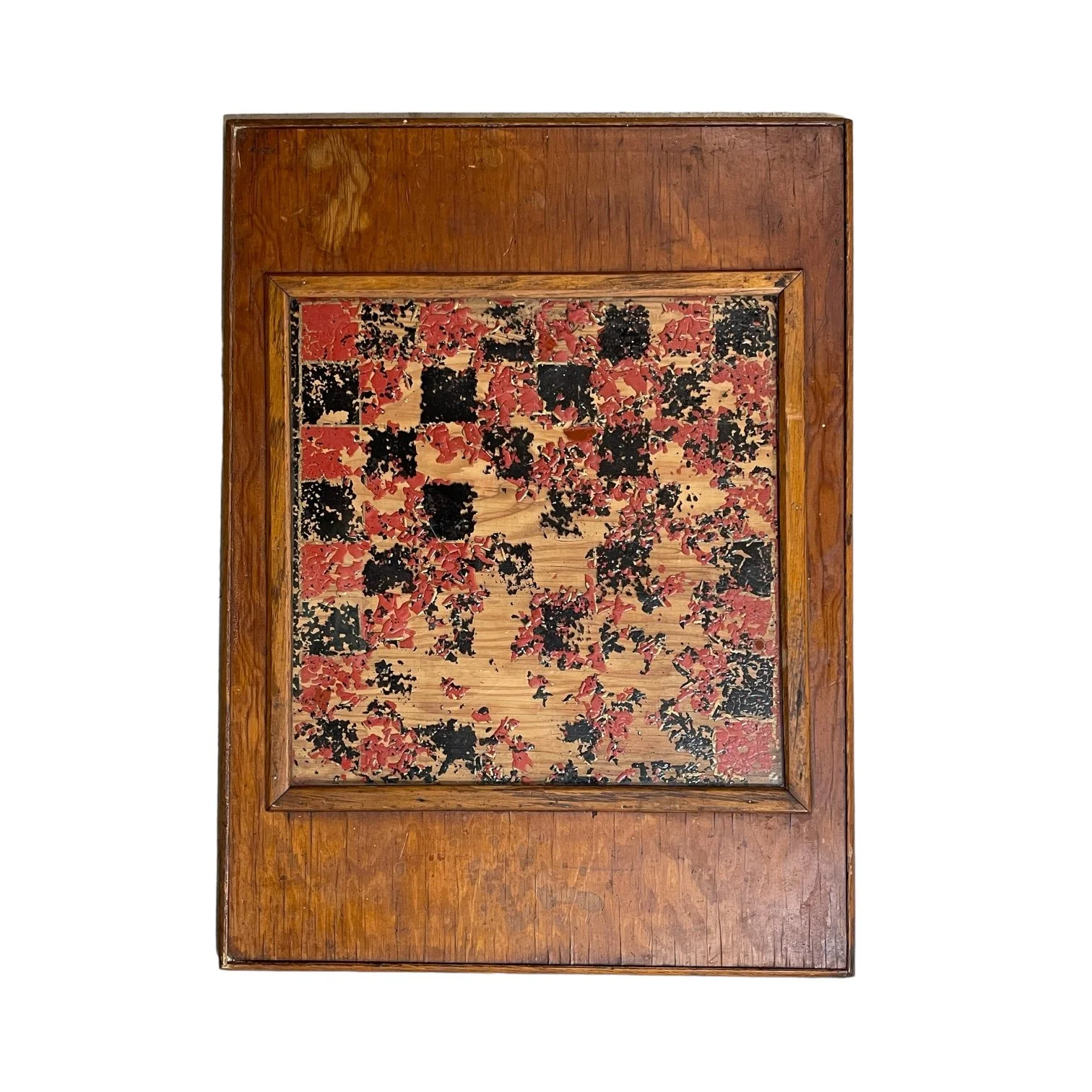 A vintage hand painted black red checker game board framed shown vertically.