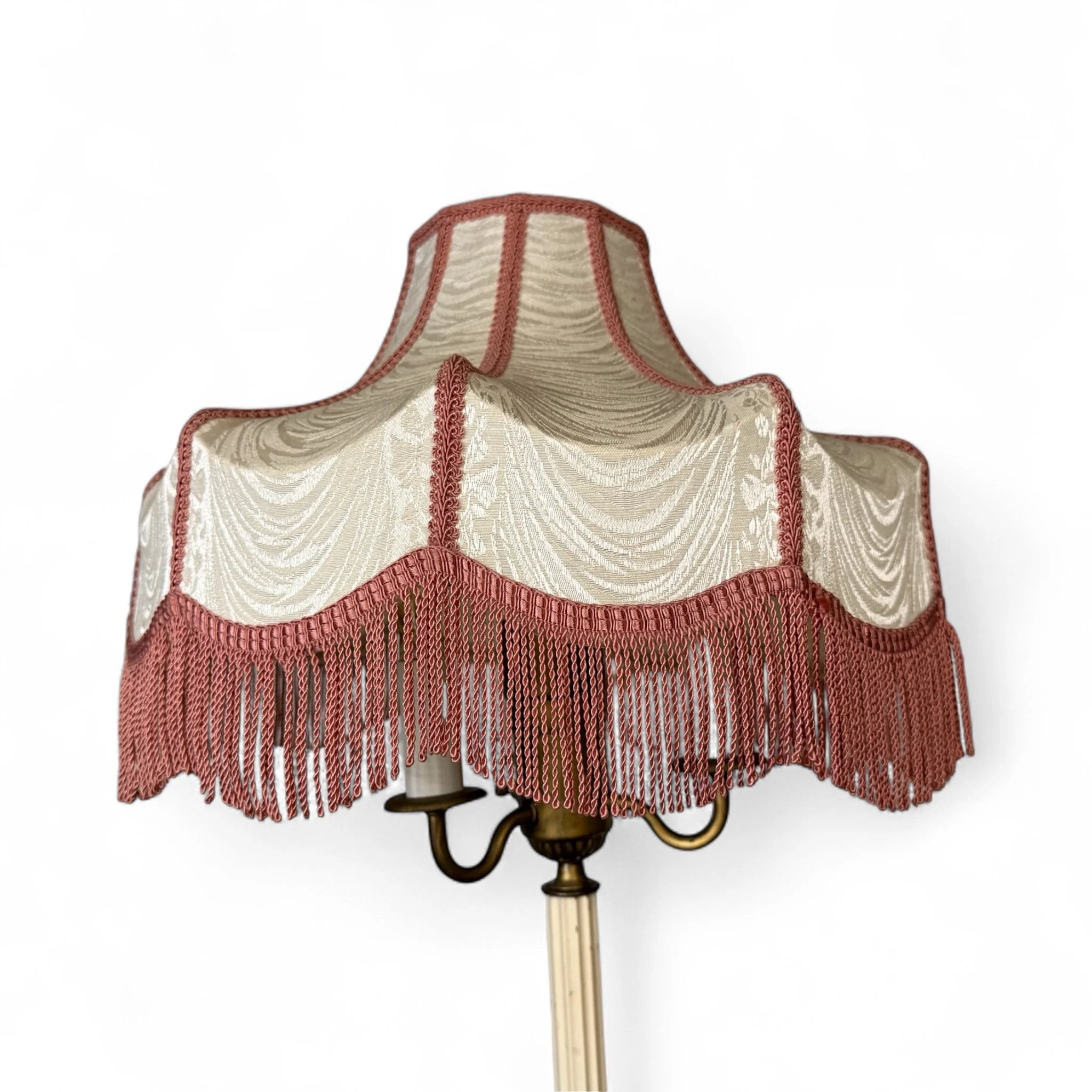 Vintage victorian fabric fringed lamp shade in off white and dusty pink.