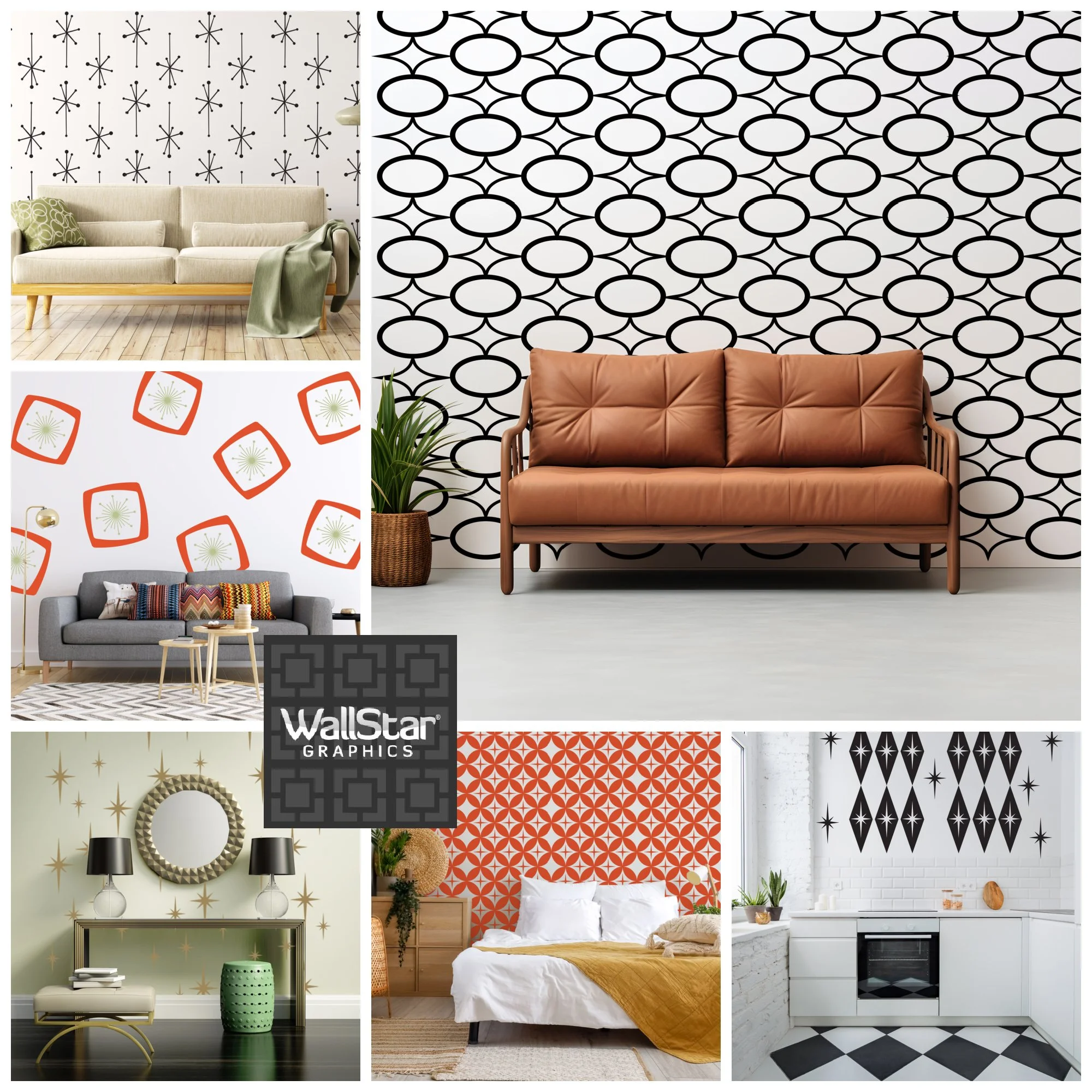 A collage of retro modern inspired atomic starburst wall decals by Wall Star Graphics.