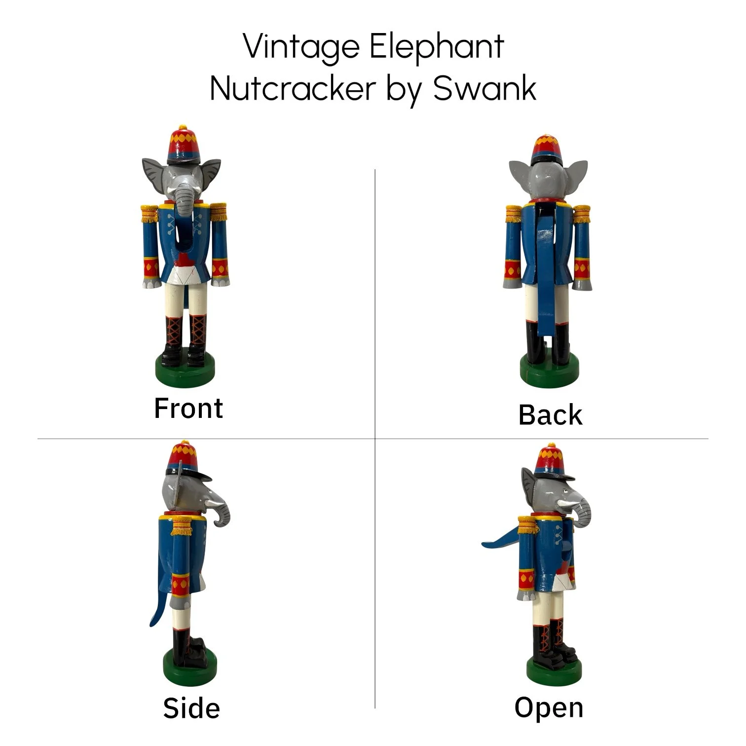 Collage of photos of vintage elephant nutcracker by Swank displaying, front, back, side, and open view.