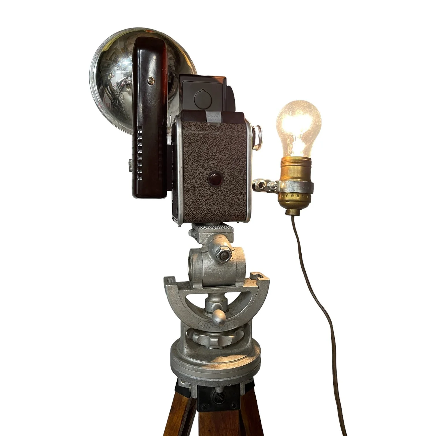 Vintage Kodak Duaflex IV Camera and Uni Colt Richards Engineering Wooden Tripod Floor Lamp