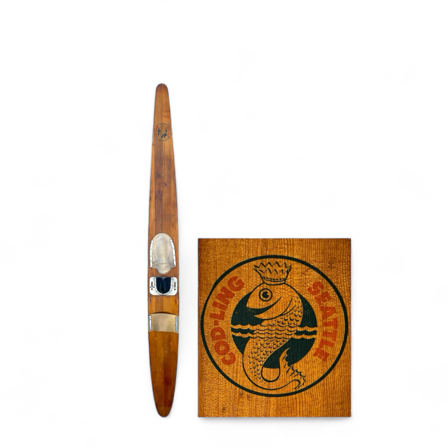Vintage wooden 1960s slalom water ski, cod-ling Seattle banana ski.