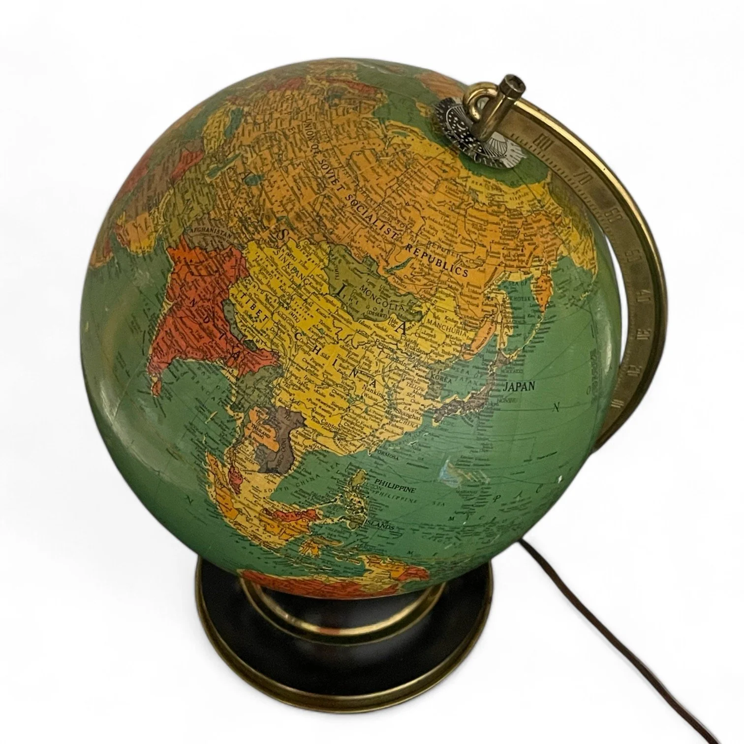 Vintage 1940s Replogle 10 inch Library glass globe light on metal stand.