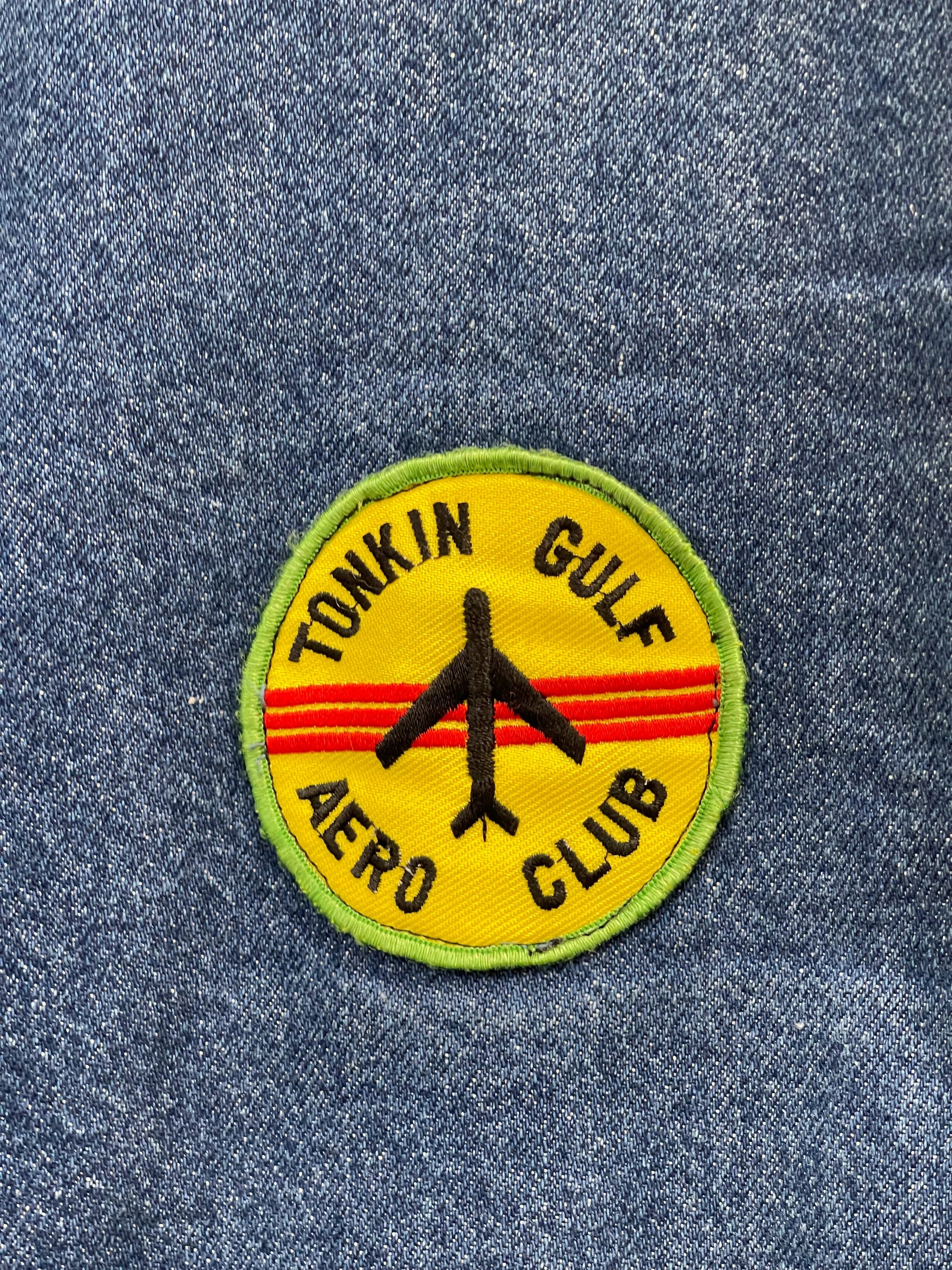 Vintage mens 3XL or 4XL denim vest by SFO San Francisco Overall with vintage military patches.