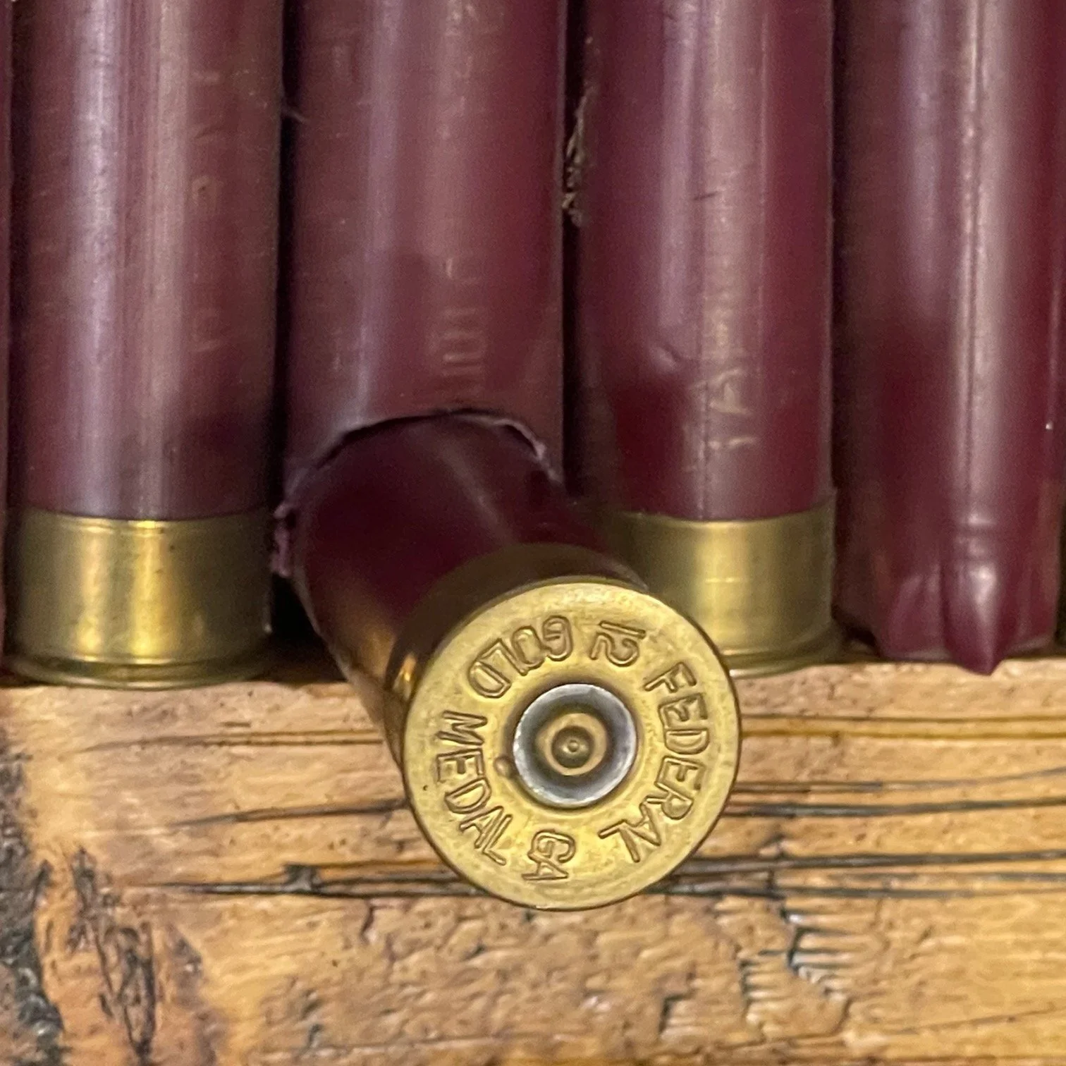 Vintage Wooden Rack for Hats, Coats, or Towels with empty 12 Gauge Federal shotgun Shells, handmade.