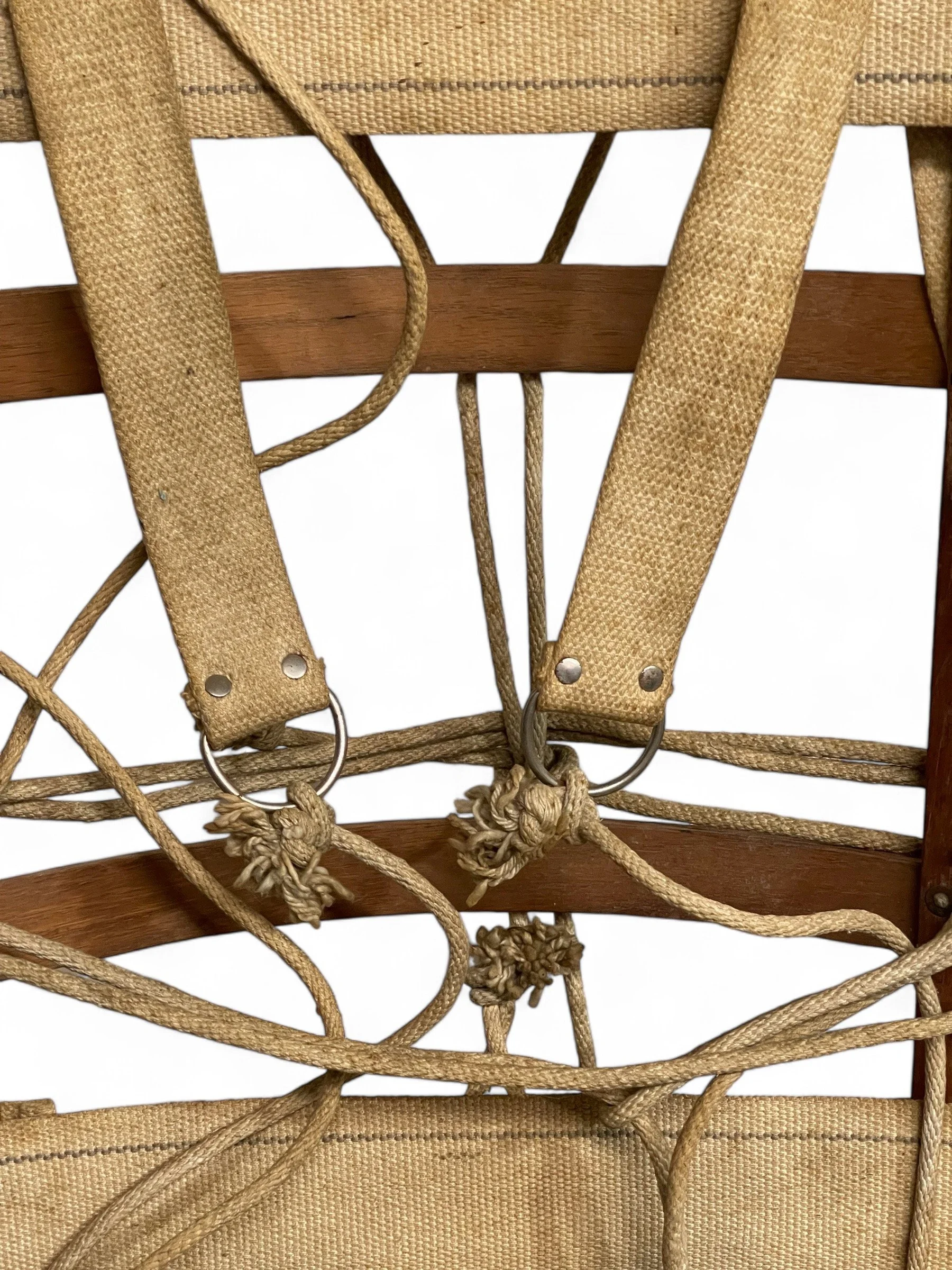 Vintage wooden backpack packboard frame, 25 inches, canvas straps and rope