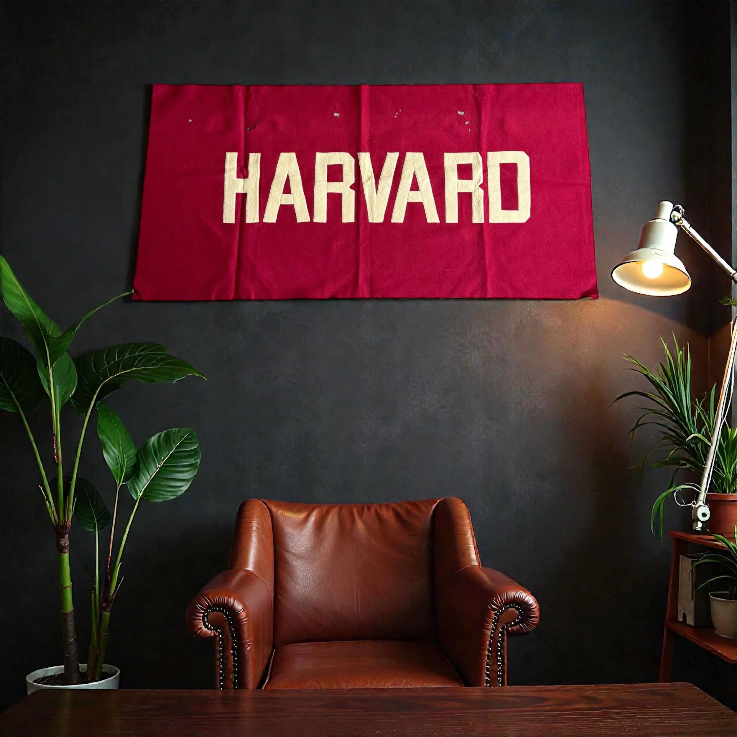 47 in x 23 in vintage red and white Harvard felt banner - styled on the wall of an office.