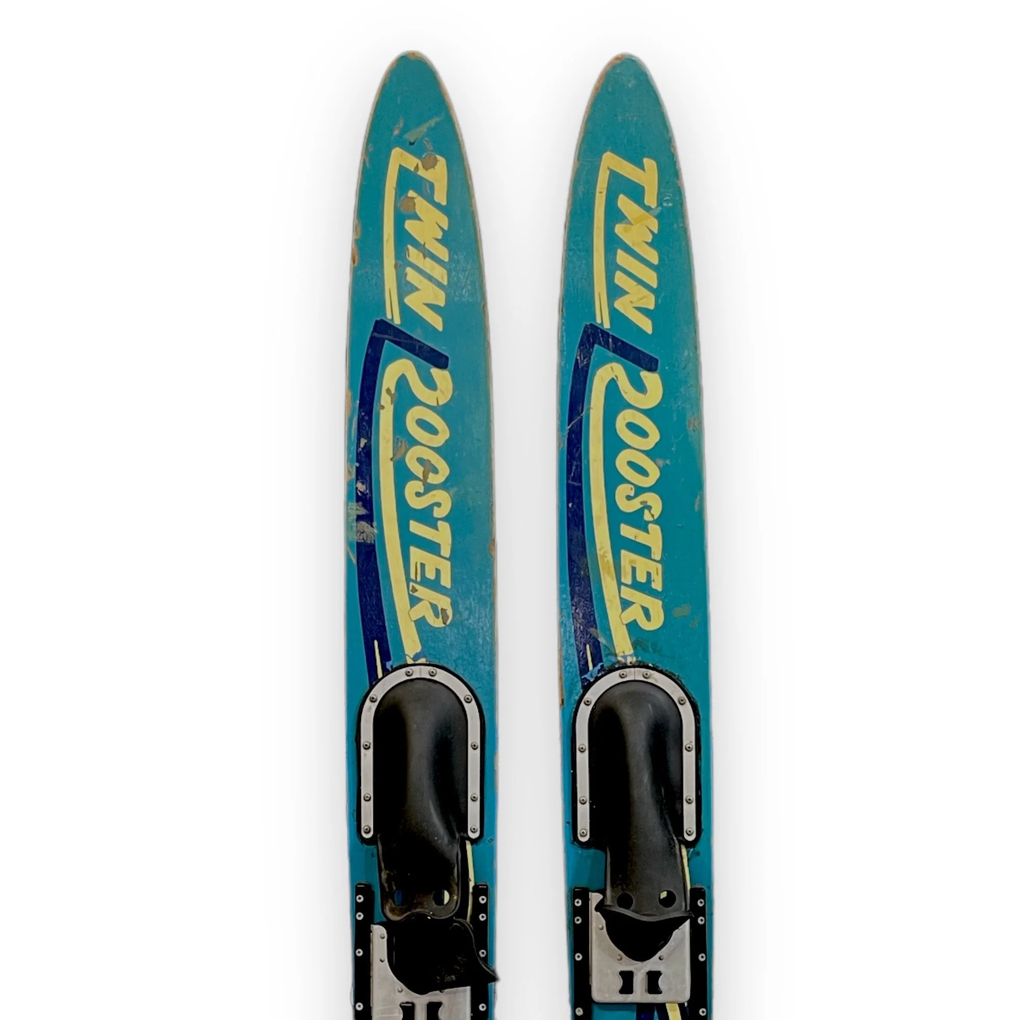 Vintage pair of Twin Rooster wooden water skis in turquoise and yellow with black bindings. Circa 1960s.