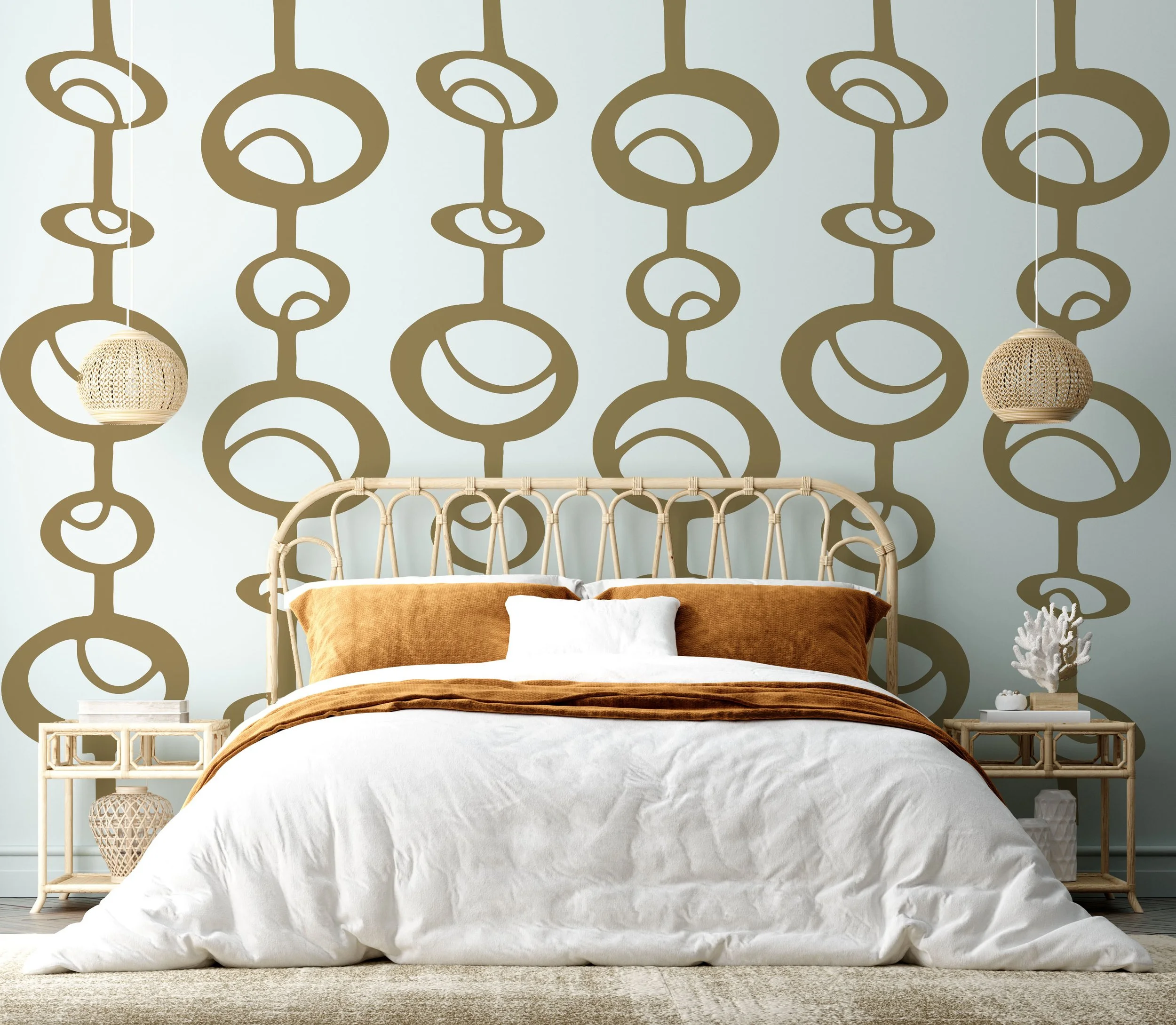 Stylish contemporary removable vinyl wall decal featuring a geometric oval chain pattern with cutouts. Perfect for modern and retro bedroom or living room decor.