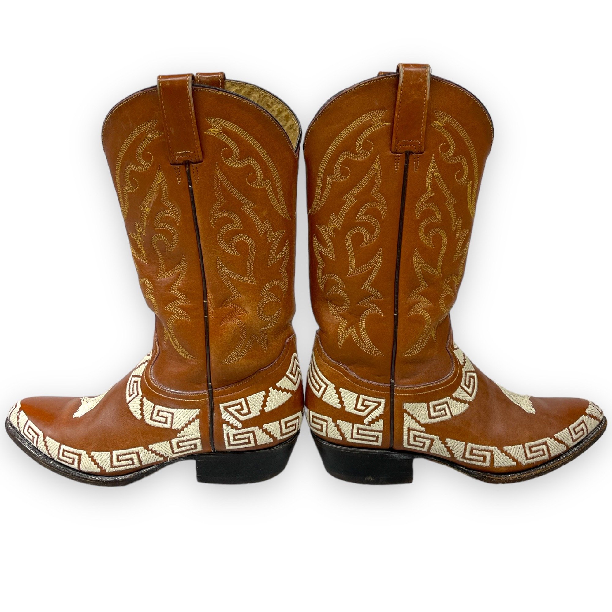 Vintage mens Rudel leather cowboy boots, made in Mexico - brown leather boots with detailed horse embroidery and geometric design on the sides, classic western style, collectible mens footwear.