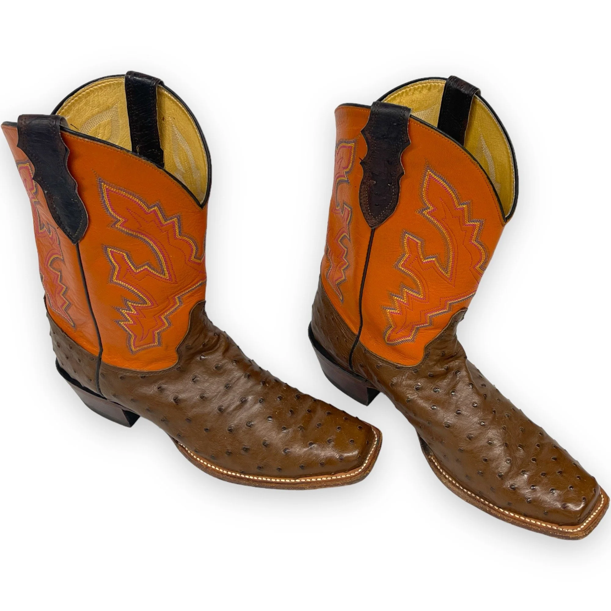Vintage men's leather cowboy boots, Justin, Style: Comb Last 8962, US men's 11 1/2, made in USA, full quill ostrich, square toe, brown and orange