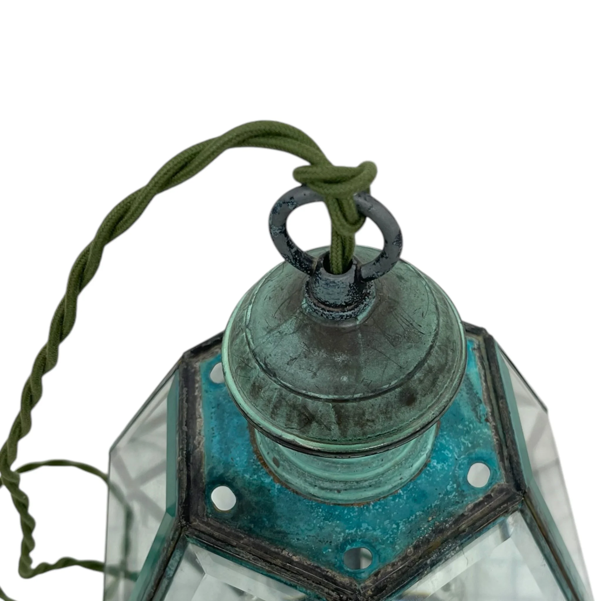 Vintage hexagon swag pendant light with heavy duty metal frame and clear beveled glass panels.