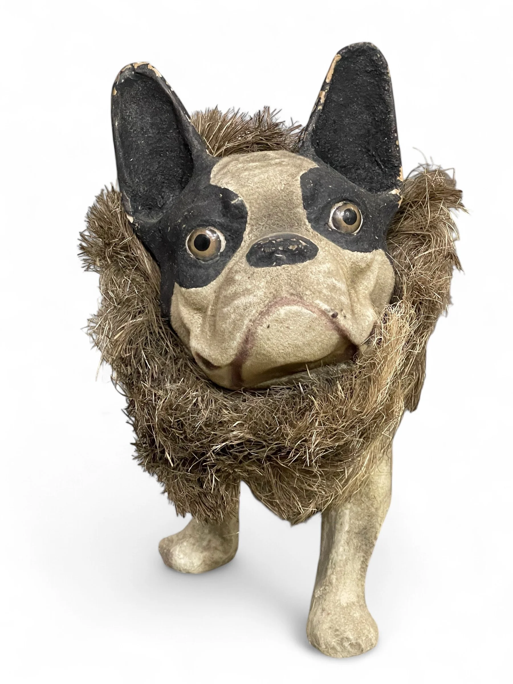 Vintage paper mache French Bulldog statue with rustic, antique style finish, perfect for home decor, dog lovers, and collectors of unique handmade pieces.