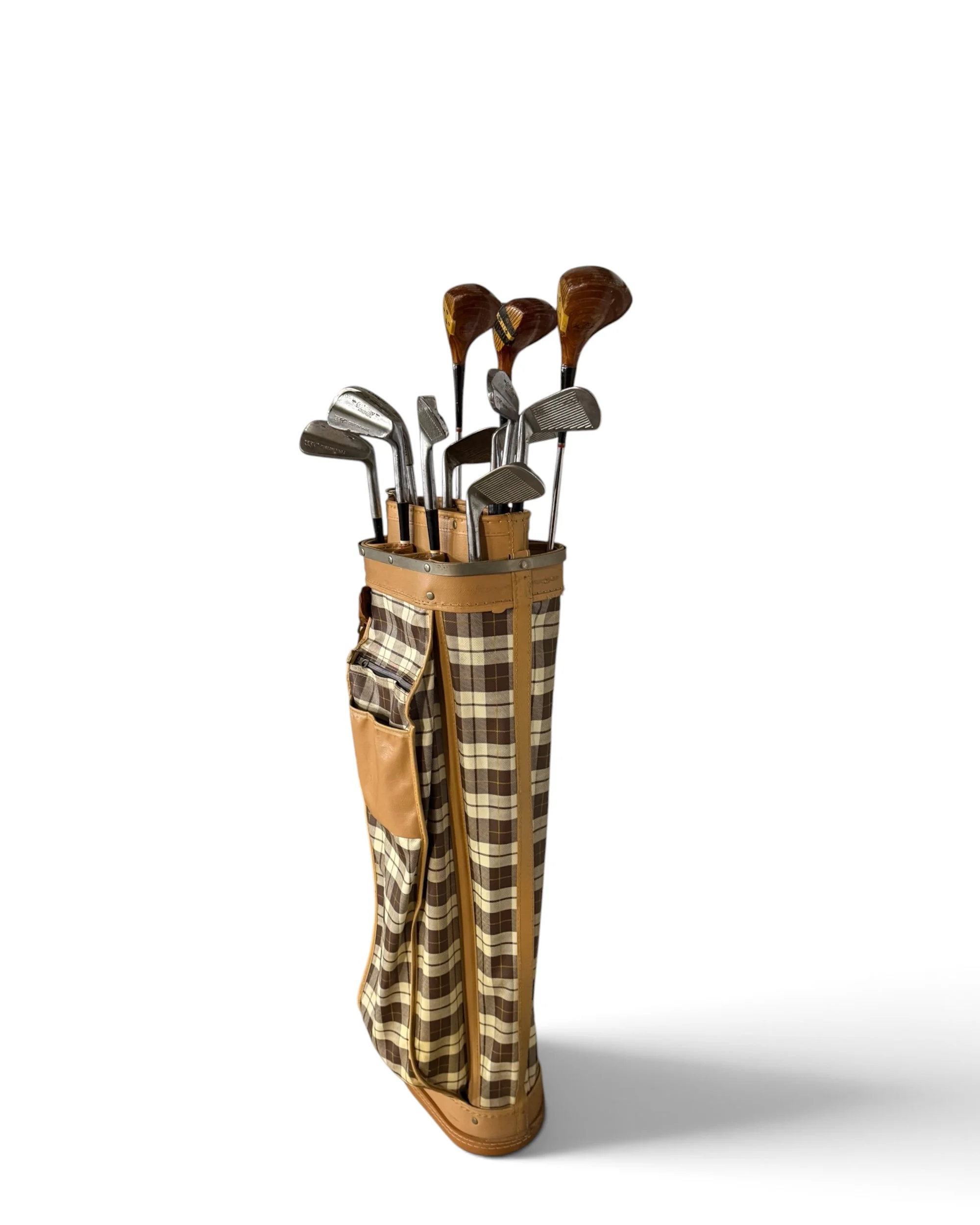 vintage Score-Rite plaid golf bag with wood iron clubs