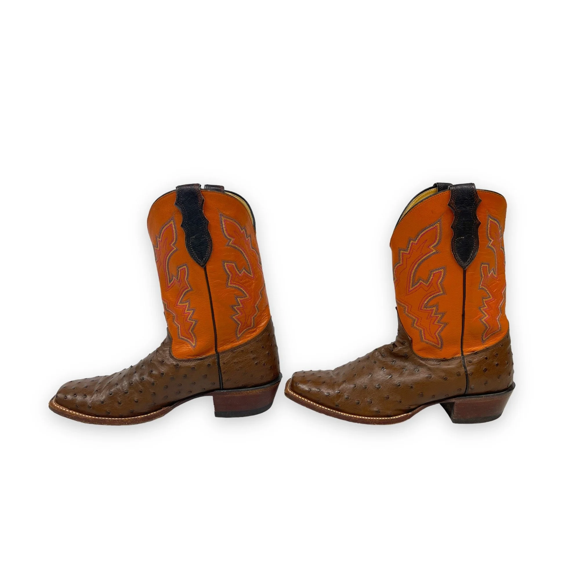 Vintage men's leather cowboy boots, Justin, Style: Comb Last 8962, US men's 11 1/2, made in USA, full quill ostrich, square toe, brown and orange