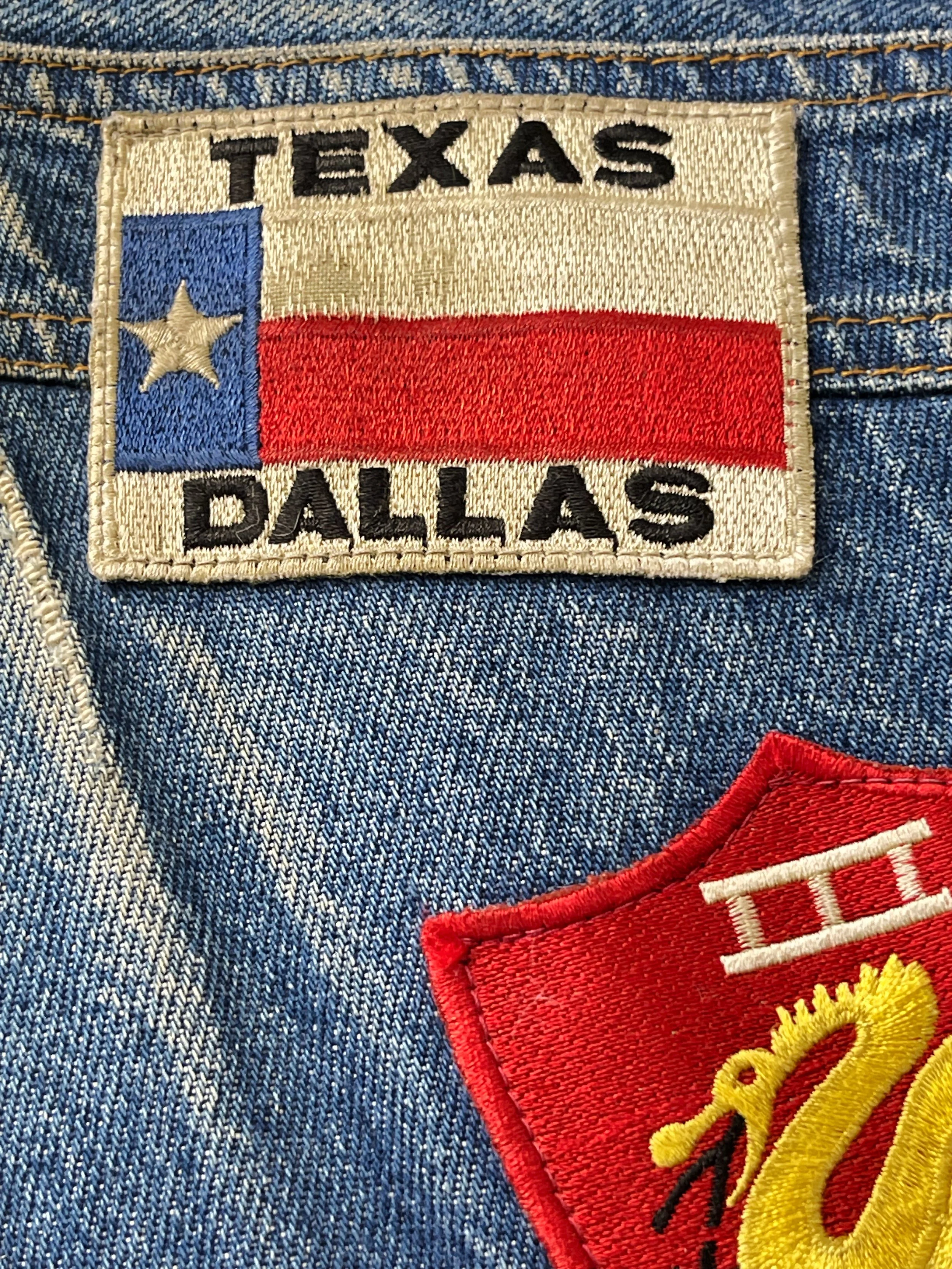 Vintage mens 3XL or 4XL denim vest by SFO San Francisco Overall with vintage military patches.