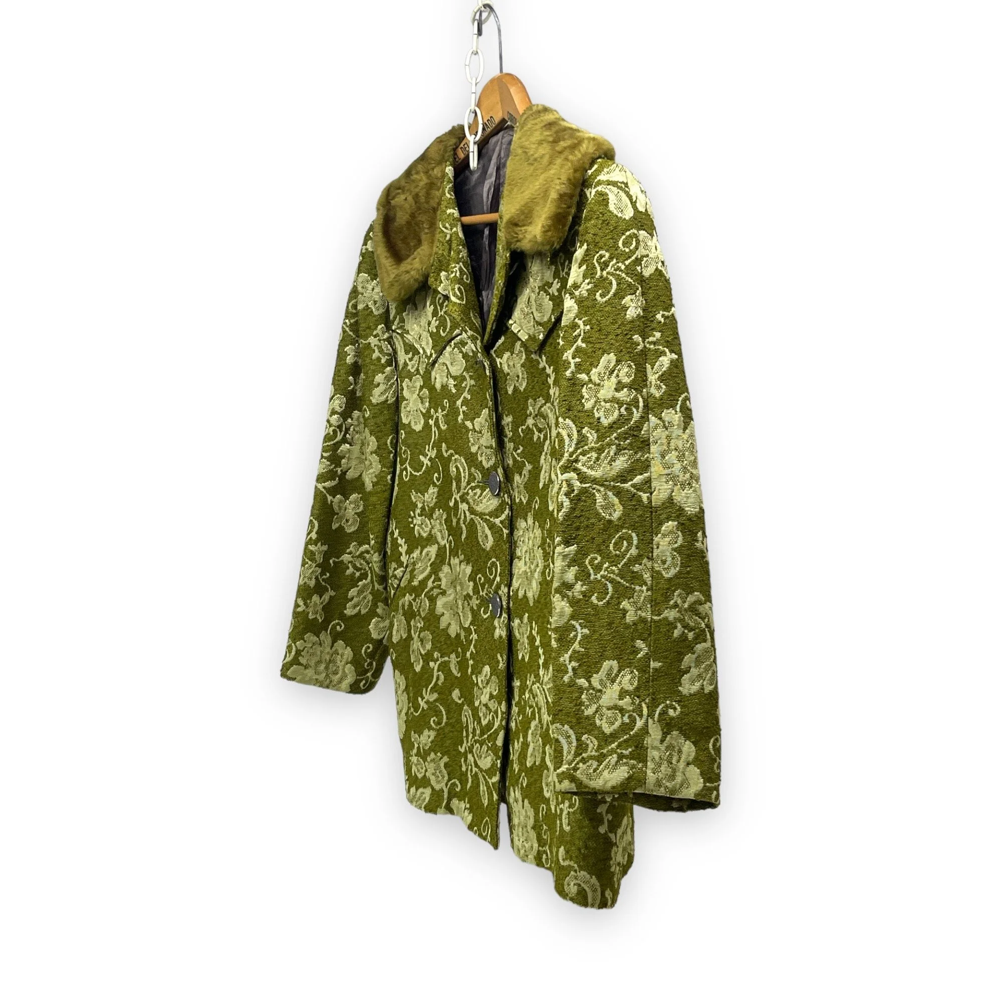 Vintage 1960s women's Westwear jacket in green floral tapestry, classic ranch style with button front closure, fully lined, front pockets, and western yoke detailing.