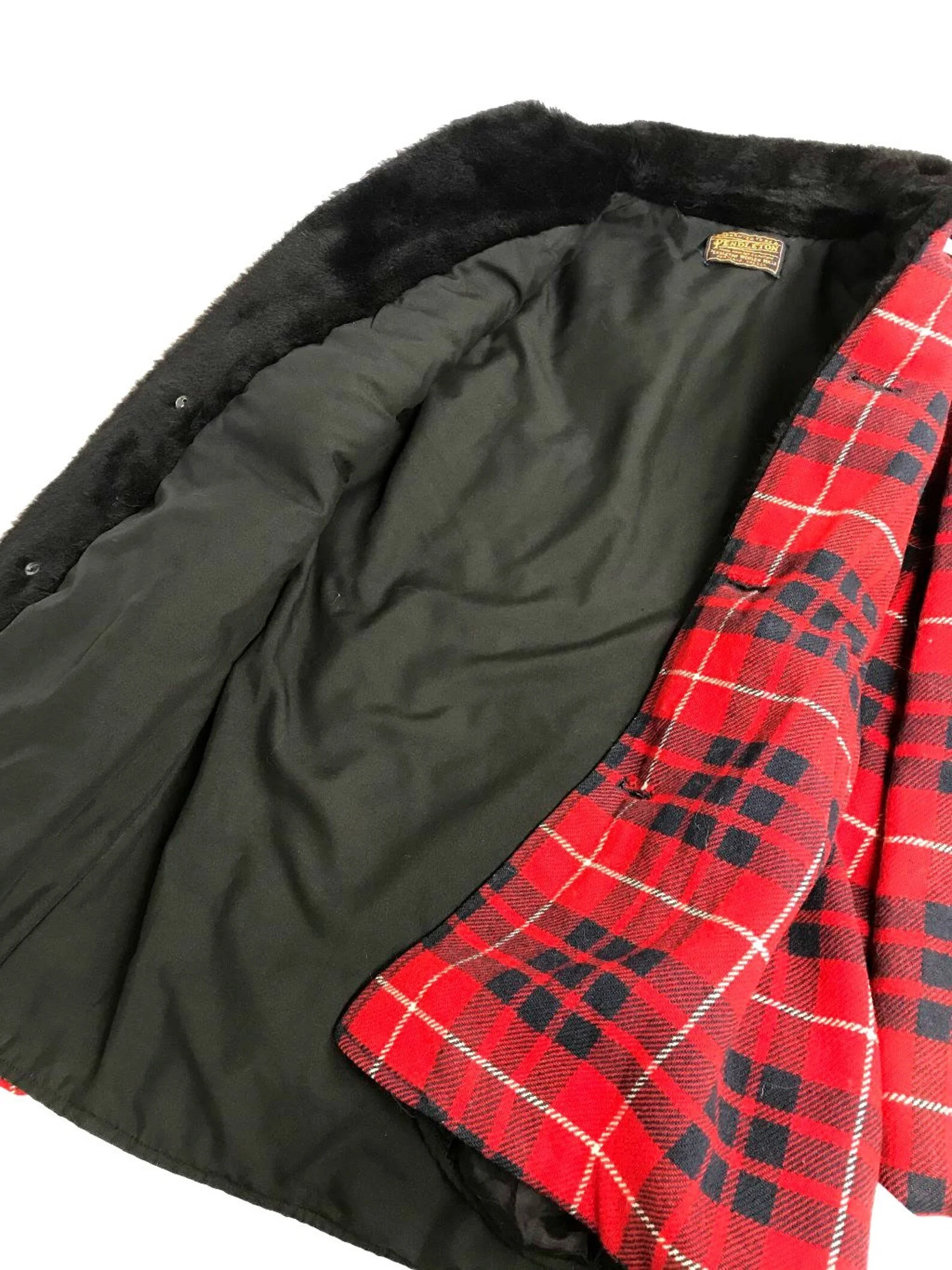 Vintage 1950s womens Pendleton red and black plaid button front wool coat with faux fur collar and side pockets. Fully lined.